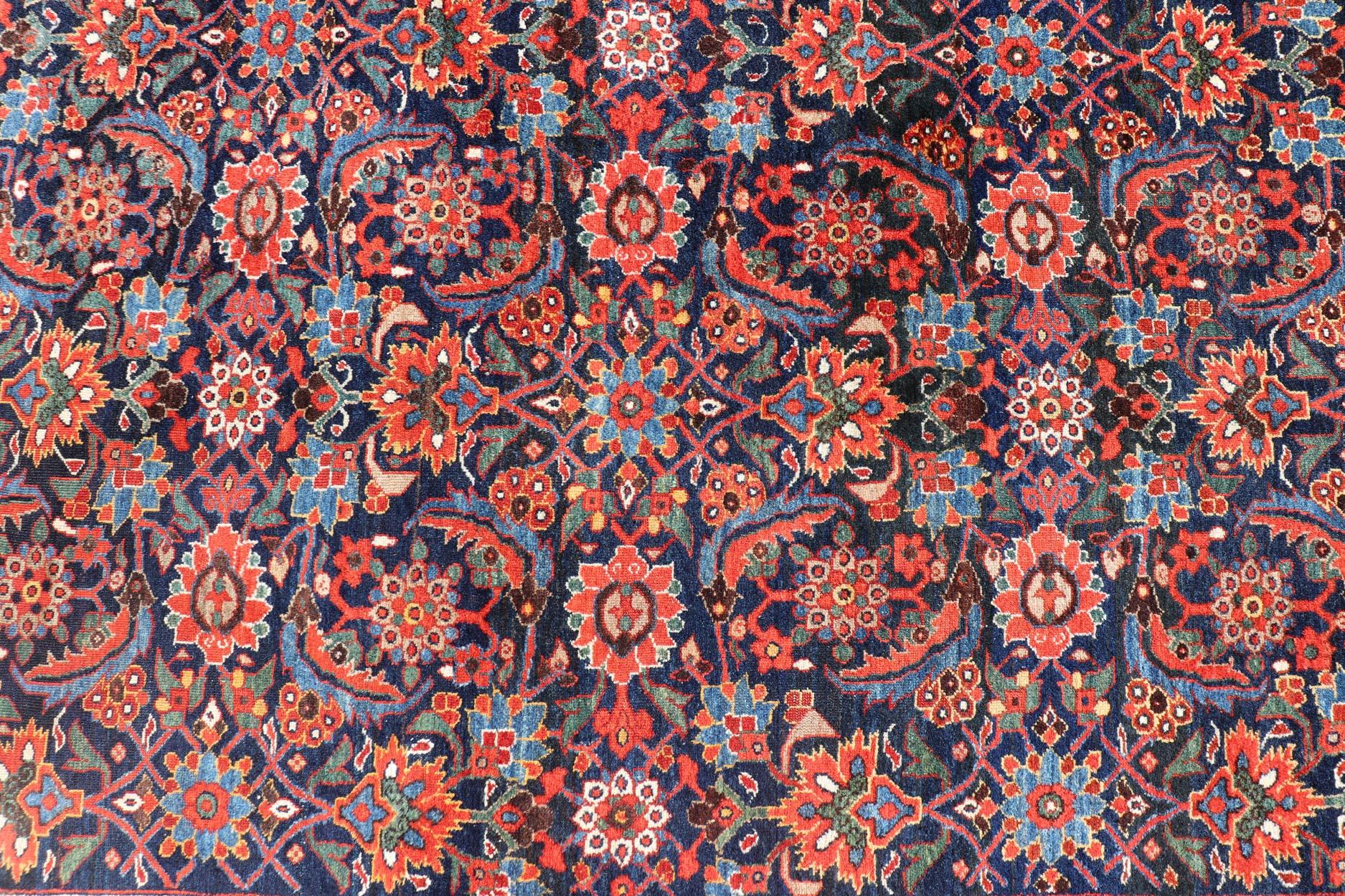 Antique Persian Fine Weave Hamadan Gallery Rug in Red, Blue, Green and Ivory For Sale 10