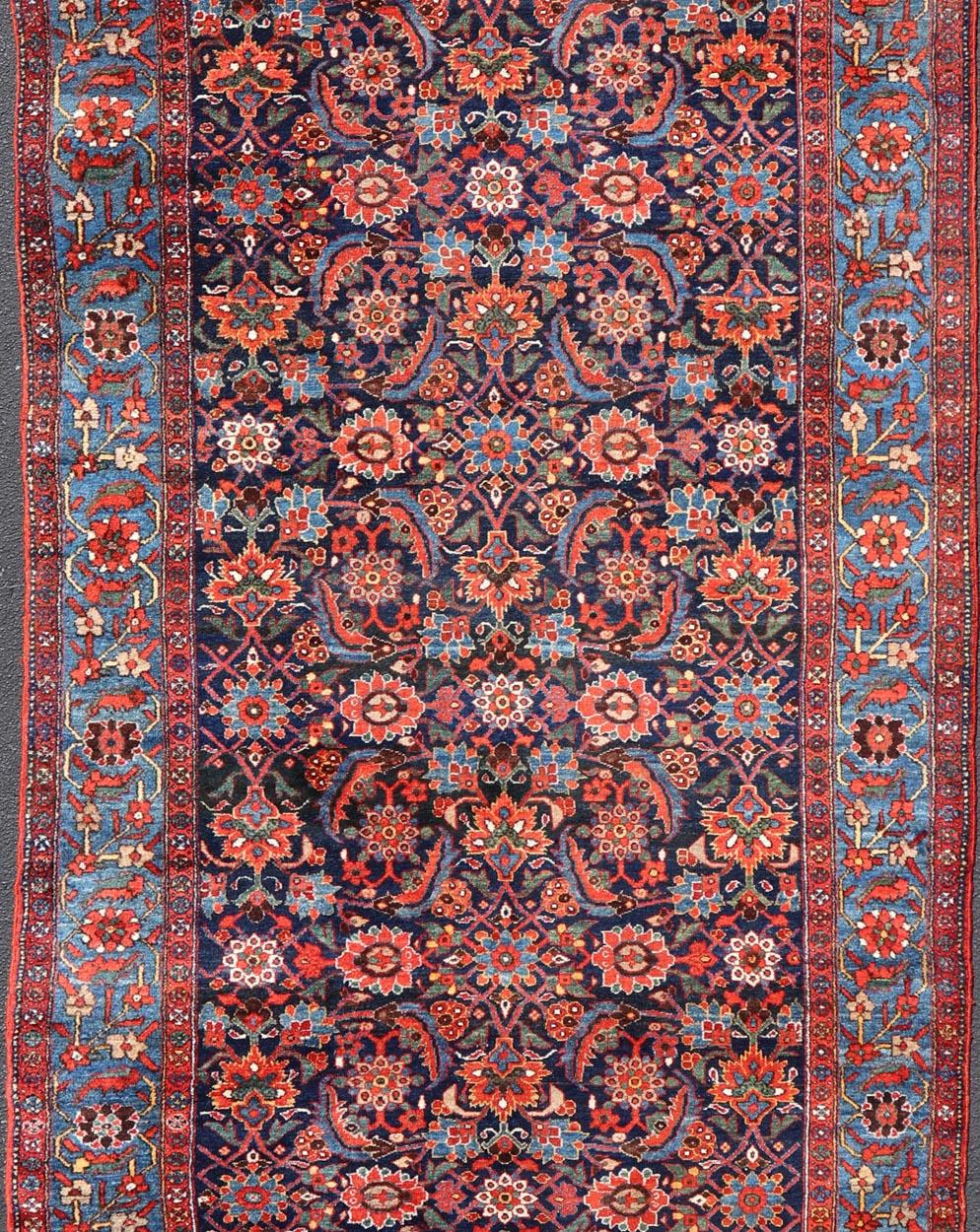 Malayer Antique Persian Fine Weave Hamadan Gallery Rug in Red, Blue, Green and Ivory For Sale