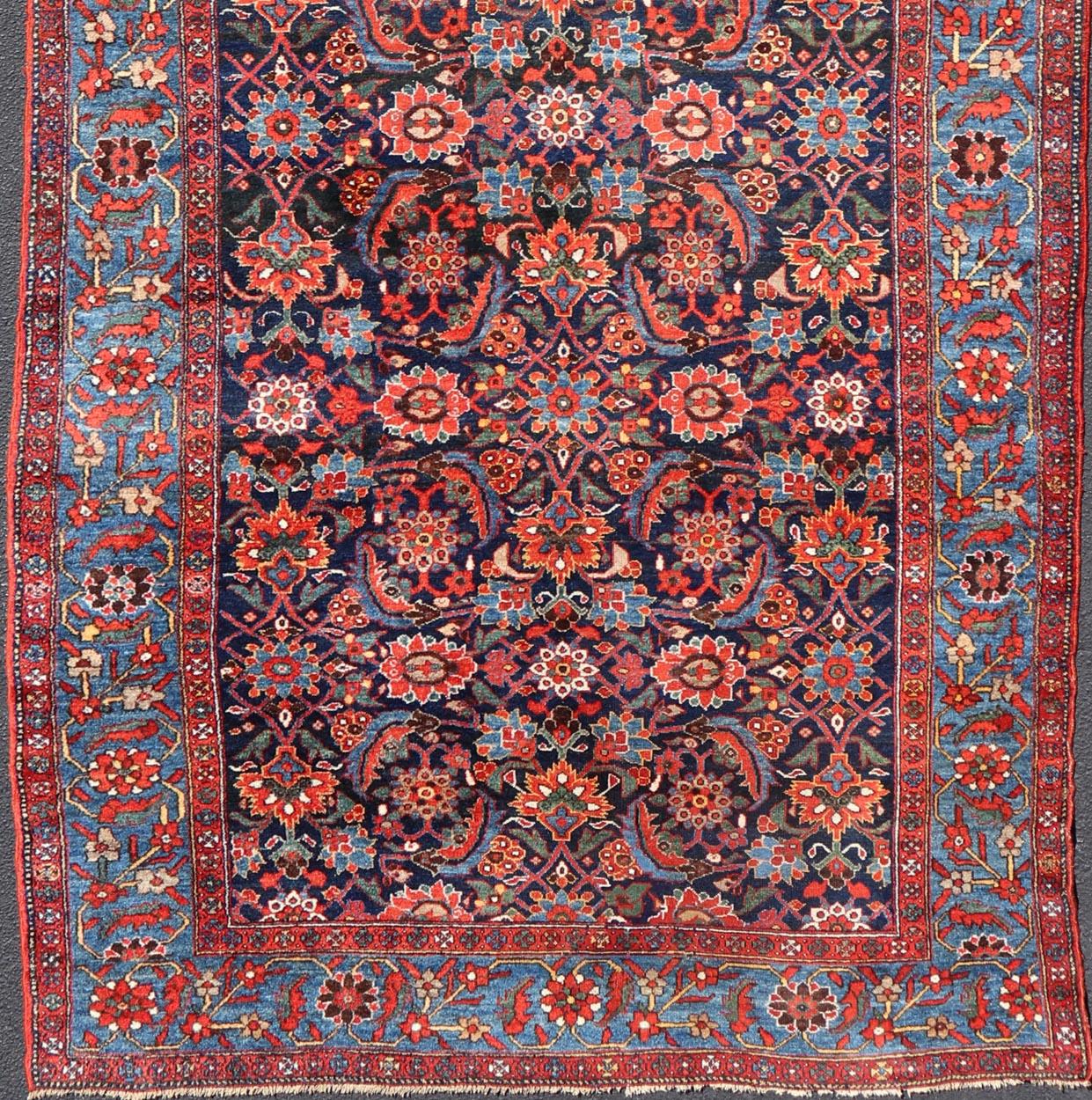 Hand-Knotted Antique Persian Fine Weave Hamadan Gallery Rug in Red, Blue, Green and Ivory For Sale