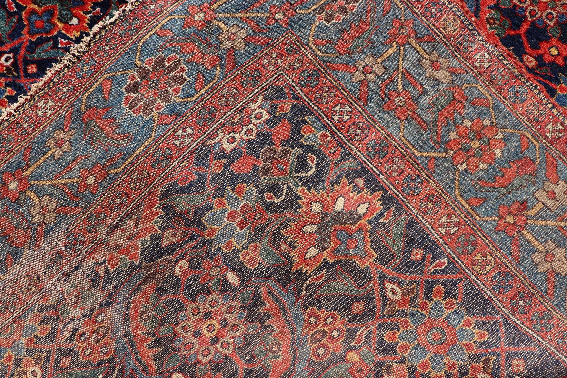 20th Century Antique Persian Fine Weave Hamadan Gallery Rug in Red, Blue, Green and Ivory For Sale