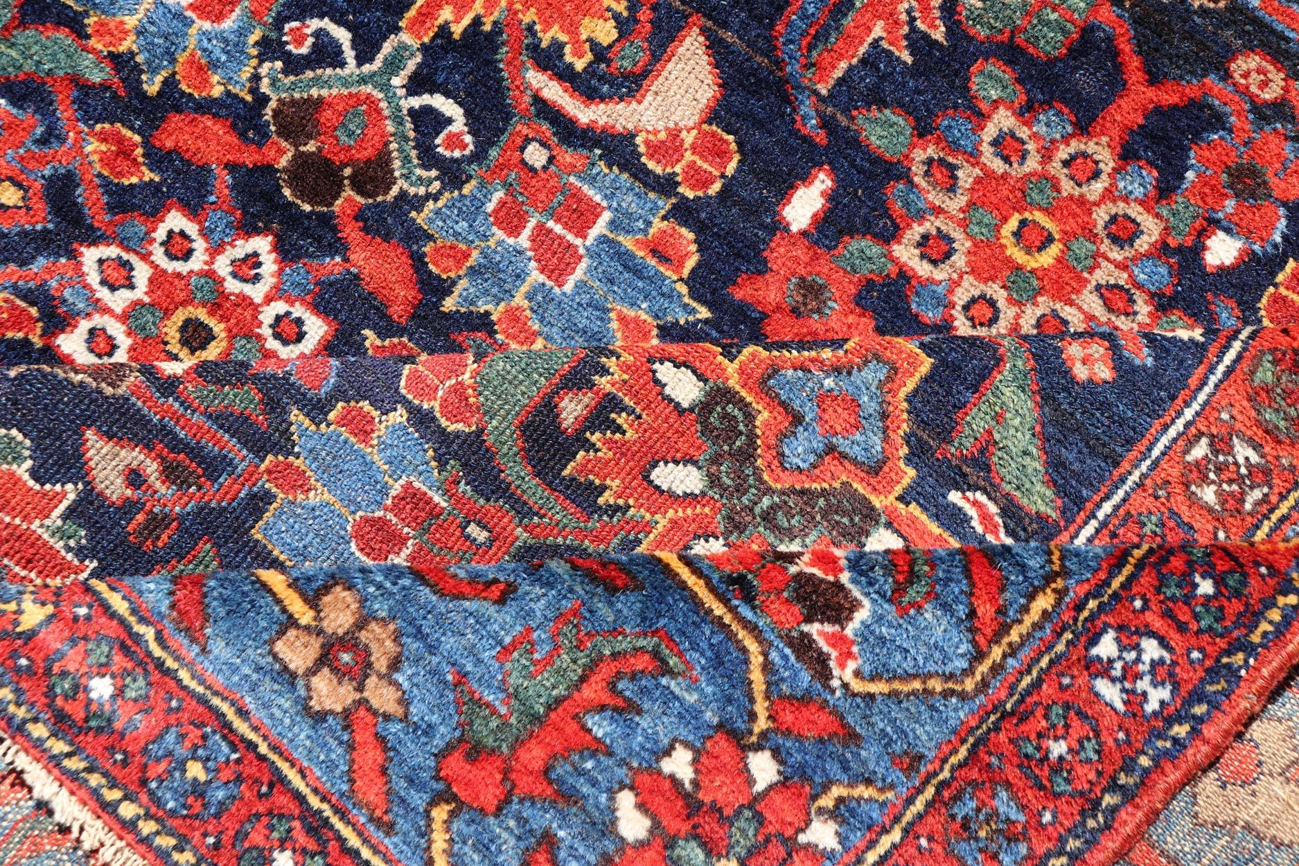Wool Antique Persian Fine Weave Hamadan Gallery Rug in Red, Blue, Green and Ivory For Sale