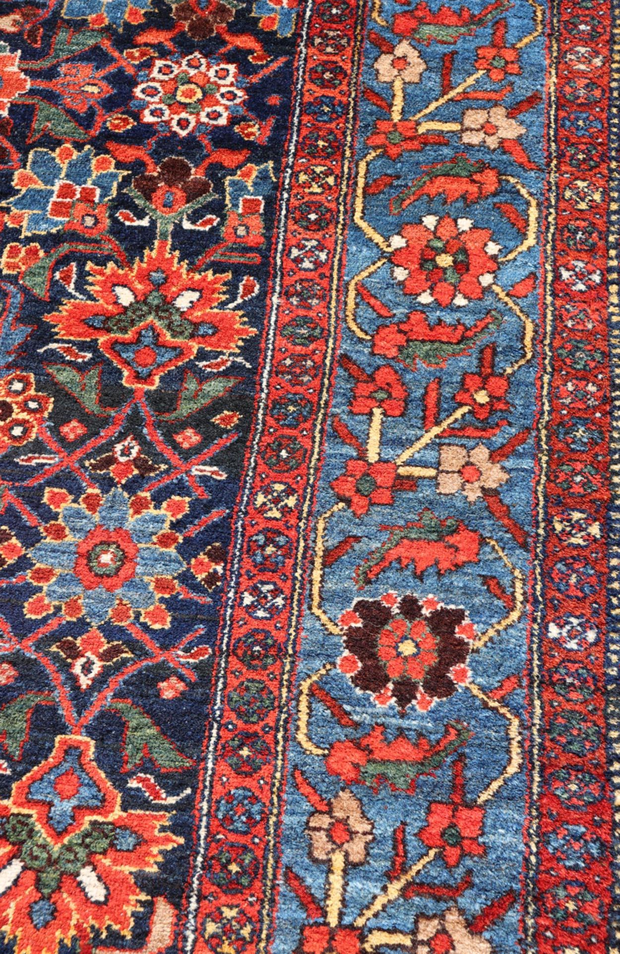 Antique Persian Fine Weave Hamadan Gallery Rug in Red, Blue, Green and Ivory For Sale 2