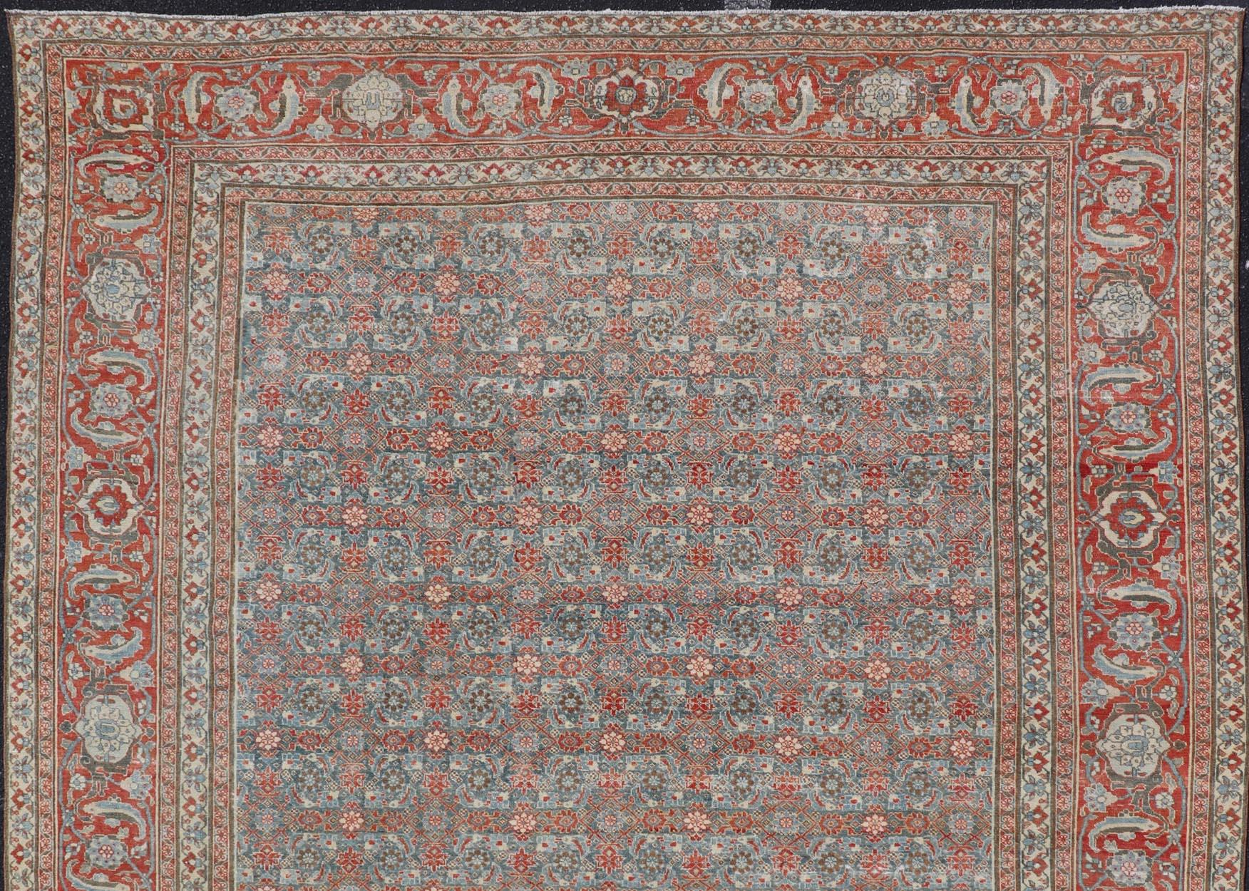 Tapis persan ancien Senneh à tissage fin avec motif Herati sur fond bleu en vente 4