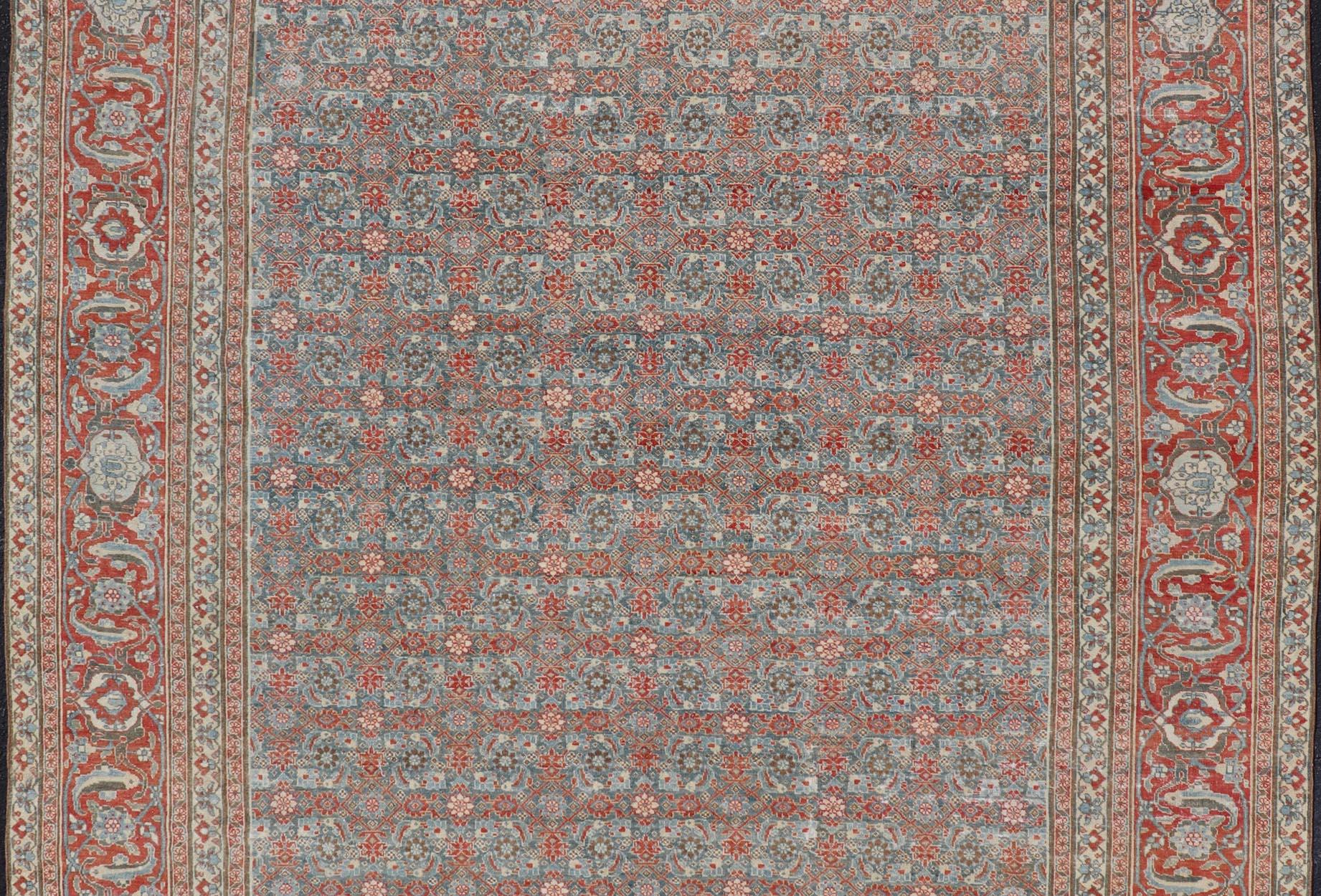 Antique Persian Fine Weave Senneh Rug with All-Over Herati Design on Blue Field. Keivan Woven Arts / rug V21-0305, country of origin / type: Iran / Senneh, circa 1920. 
Measures: 8'3 x 10'5 
This incredible antique distressed Persian Senneh rug