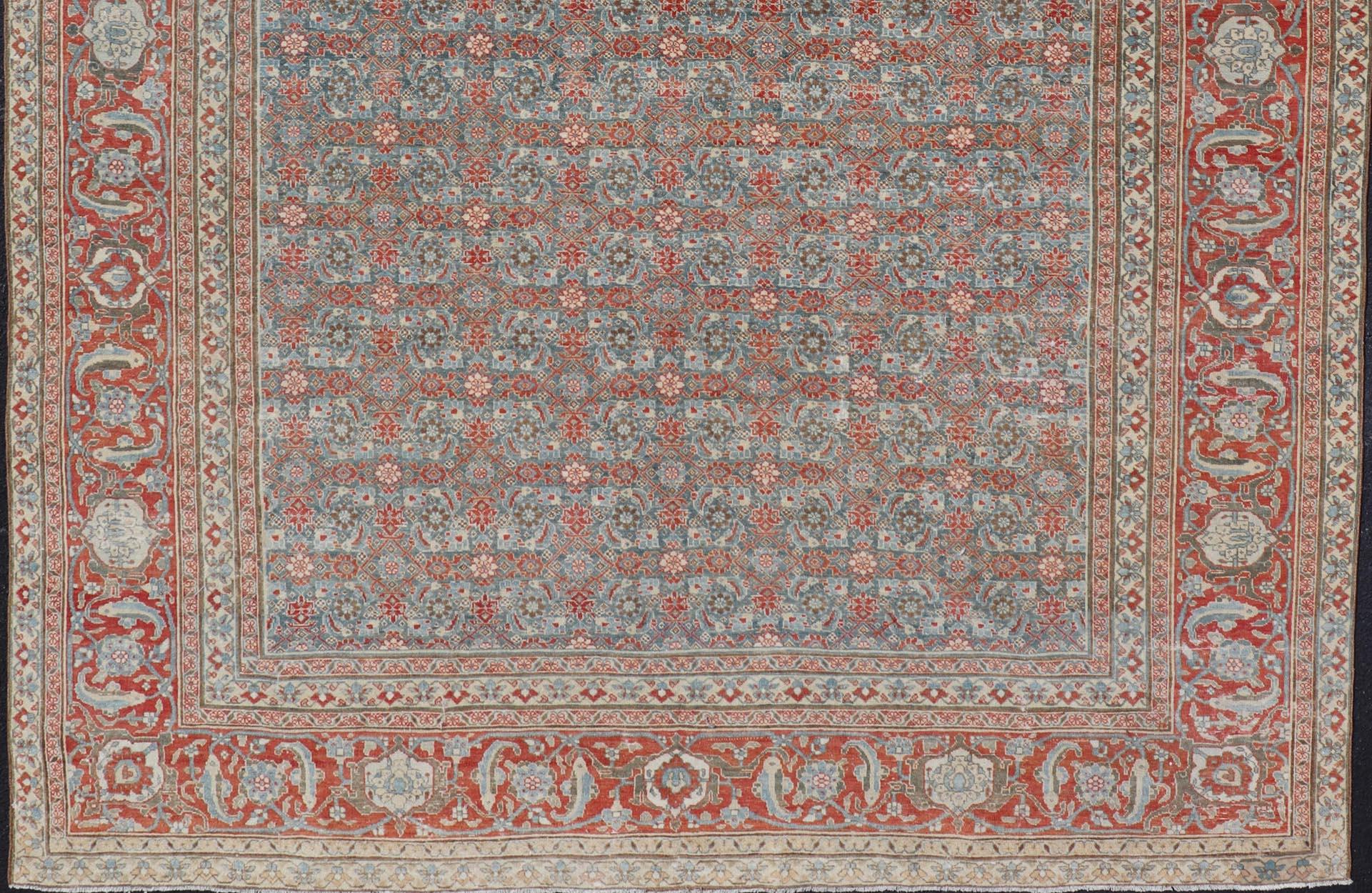Tabriz Antique Persian Fine Weave Senneh Rug with All-Over Herati Design on Blue Field  For Sale