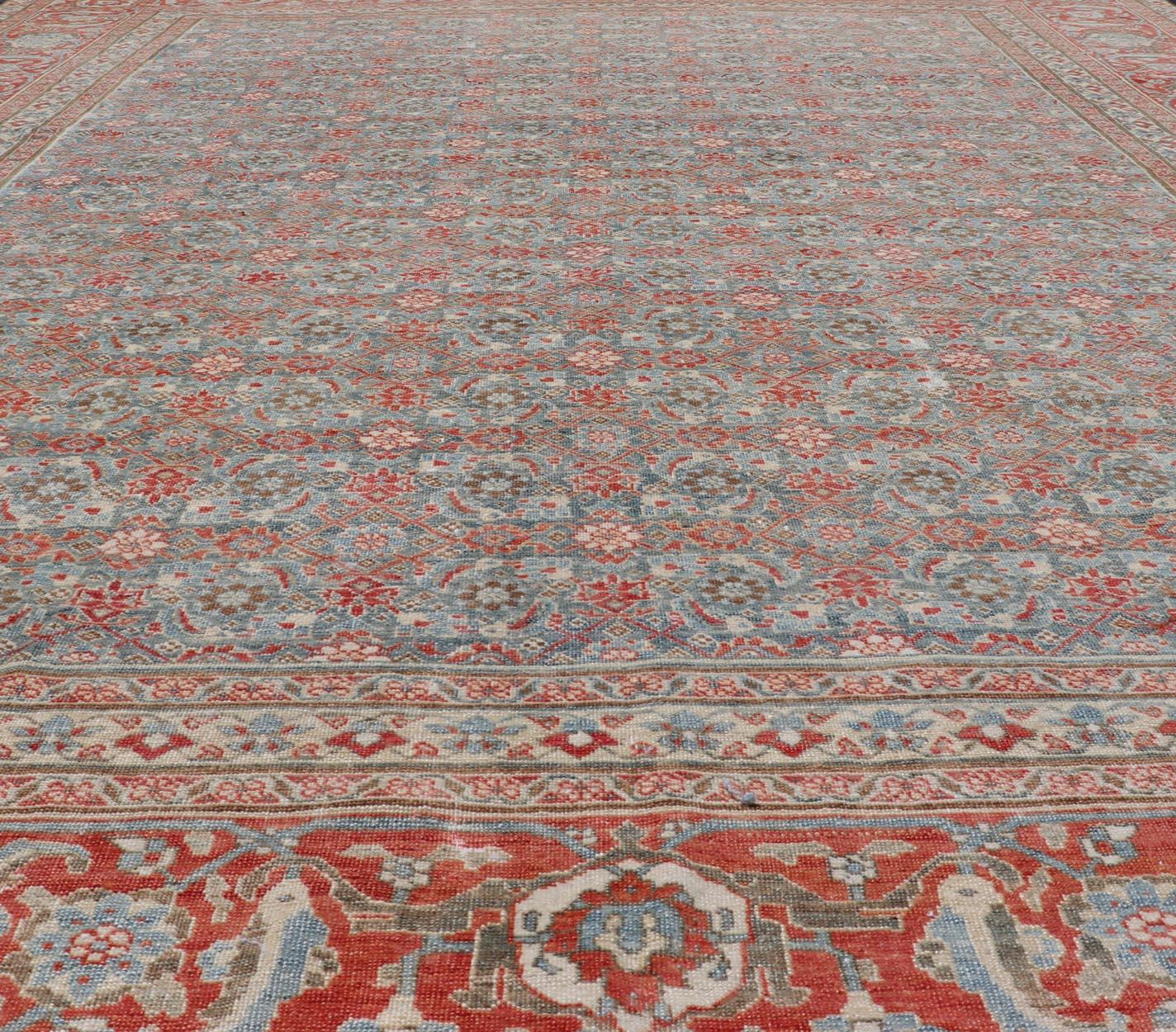 Wool Antique Persian Fine Weave Senneh Rug with All-Over Herati Design on Blue Field  For Sale