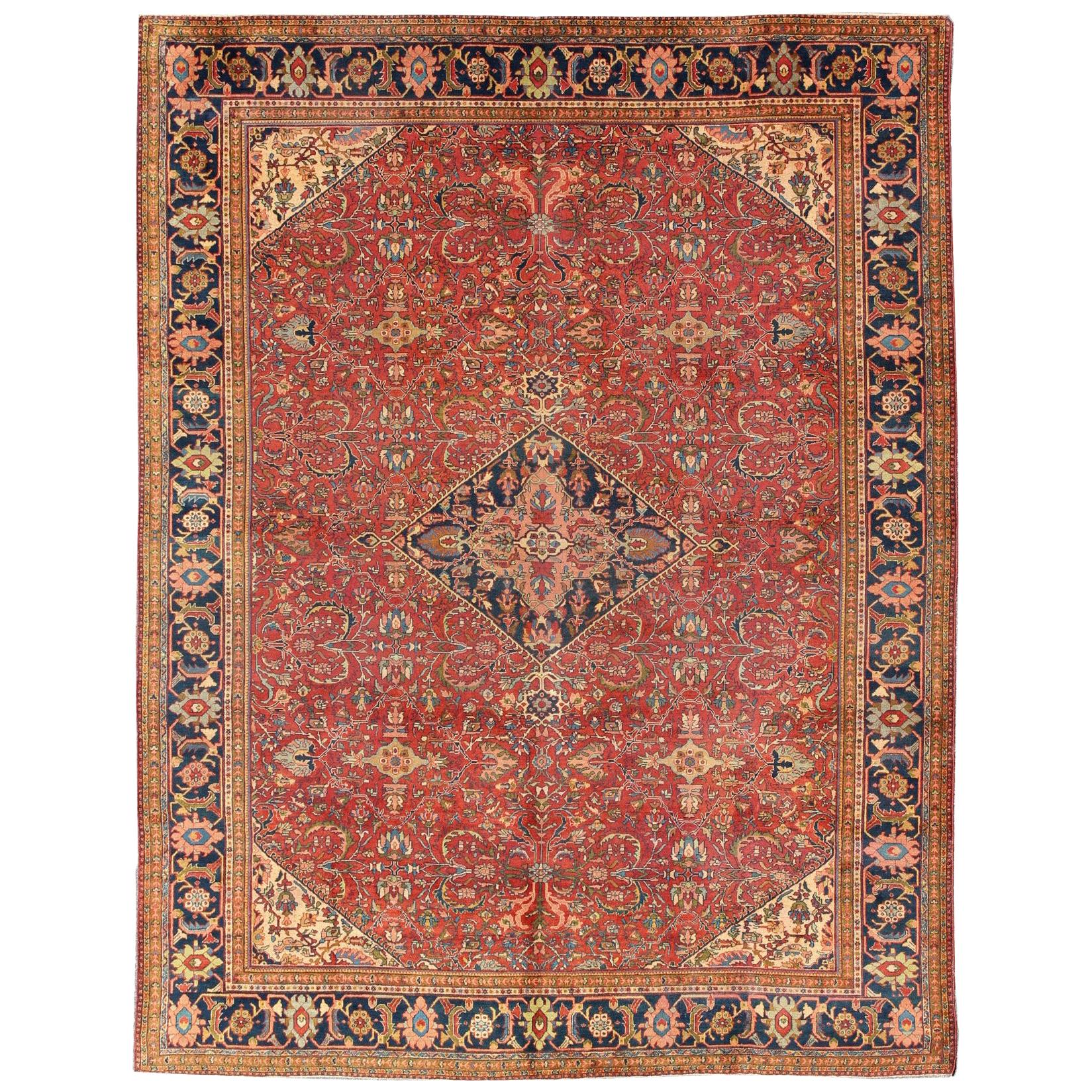 Antique Persian Fine Weave Sultanabad Rug in Tomato Red Background For Sale