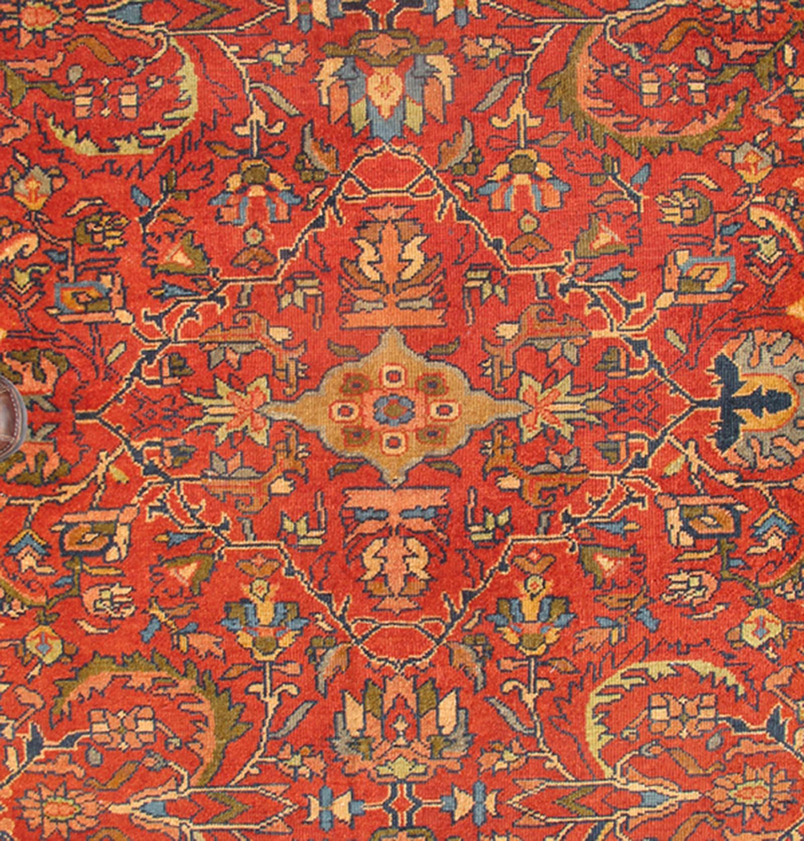 Antique Persian Fine Weave Sultanabad Rug in Tomato Red Background For Sale 3