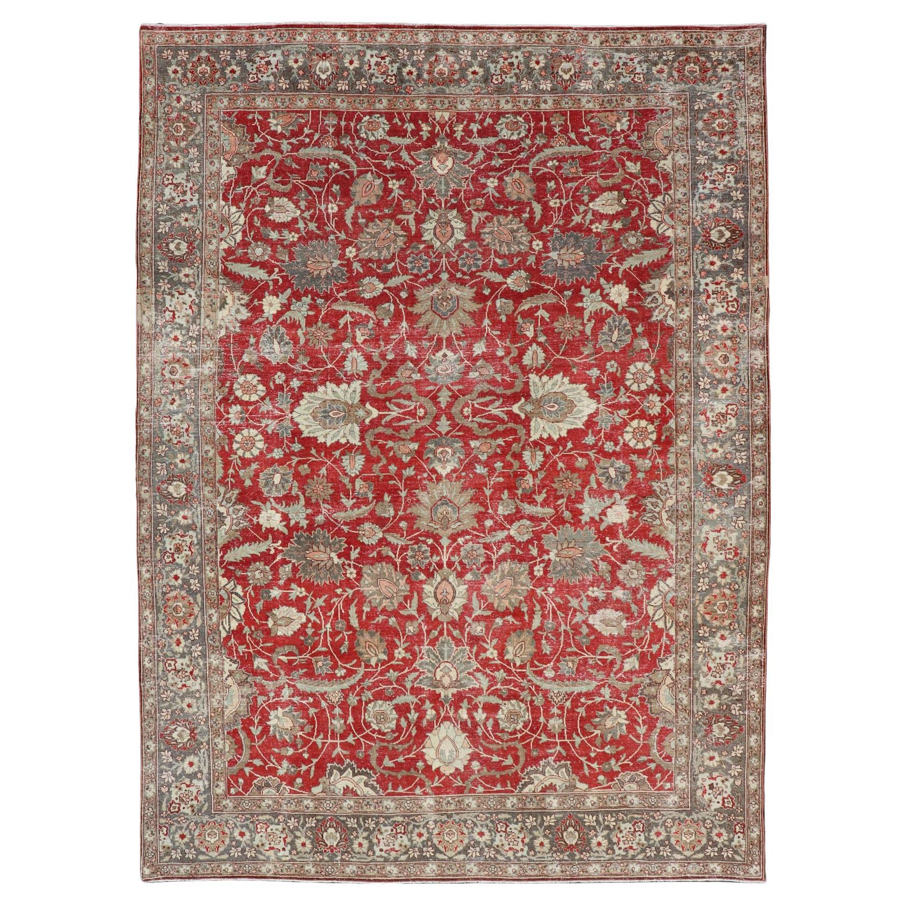 Antique Persian Fine Weave Tabriz in Red Background With Earth Tones