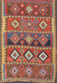 Antique Caucasian Gallery Kilim Runner with Colorful Geometric Diamond Pattern