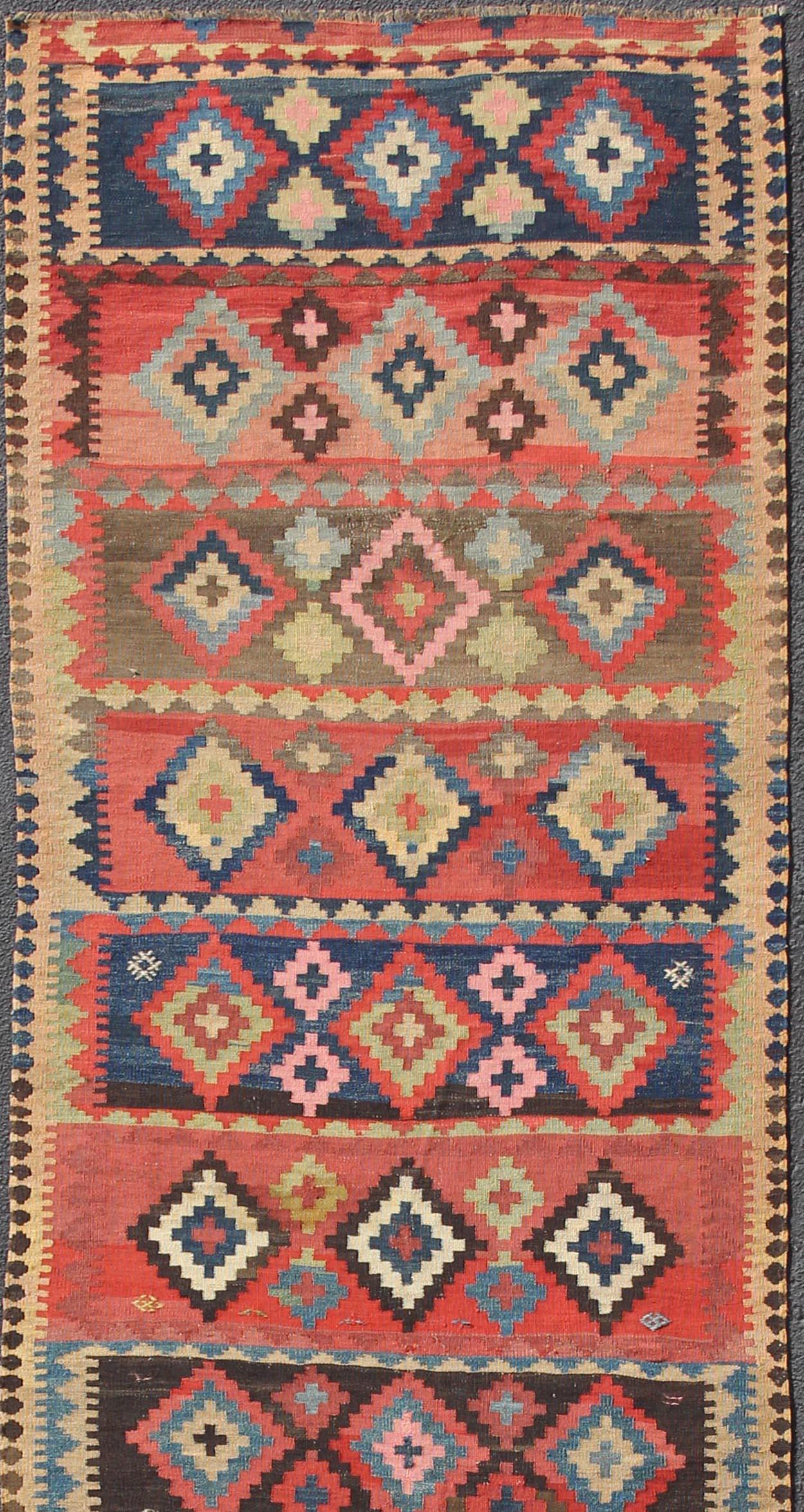 Hand-Woven Antique Caucasian Flat-Weave Gallery Size Runner  For Sale