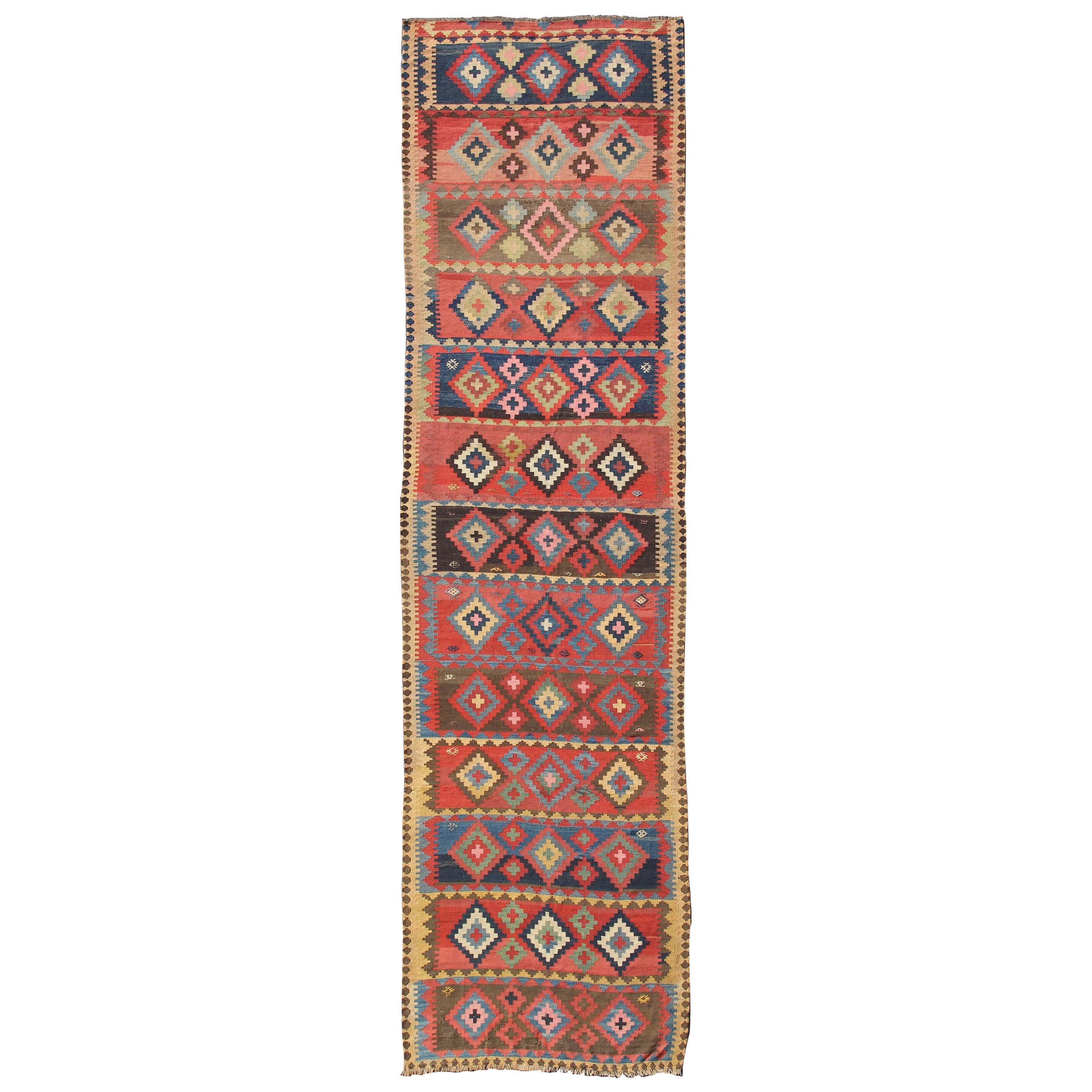 Antique Caucasian Flat-Weave Gallery Size Runner  For Sale