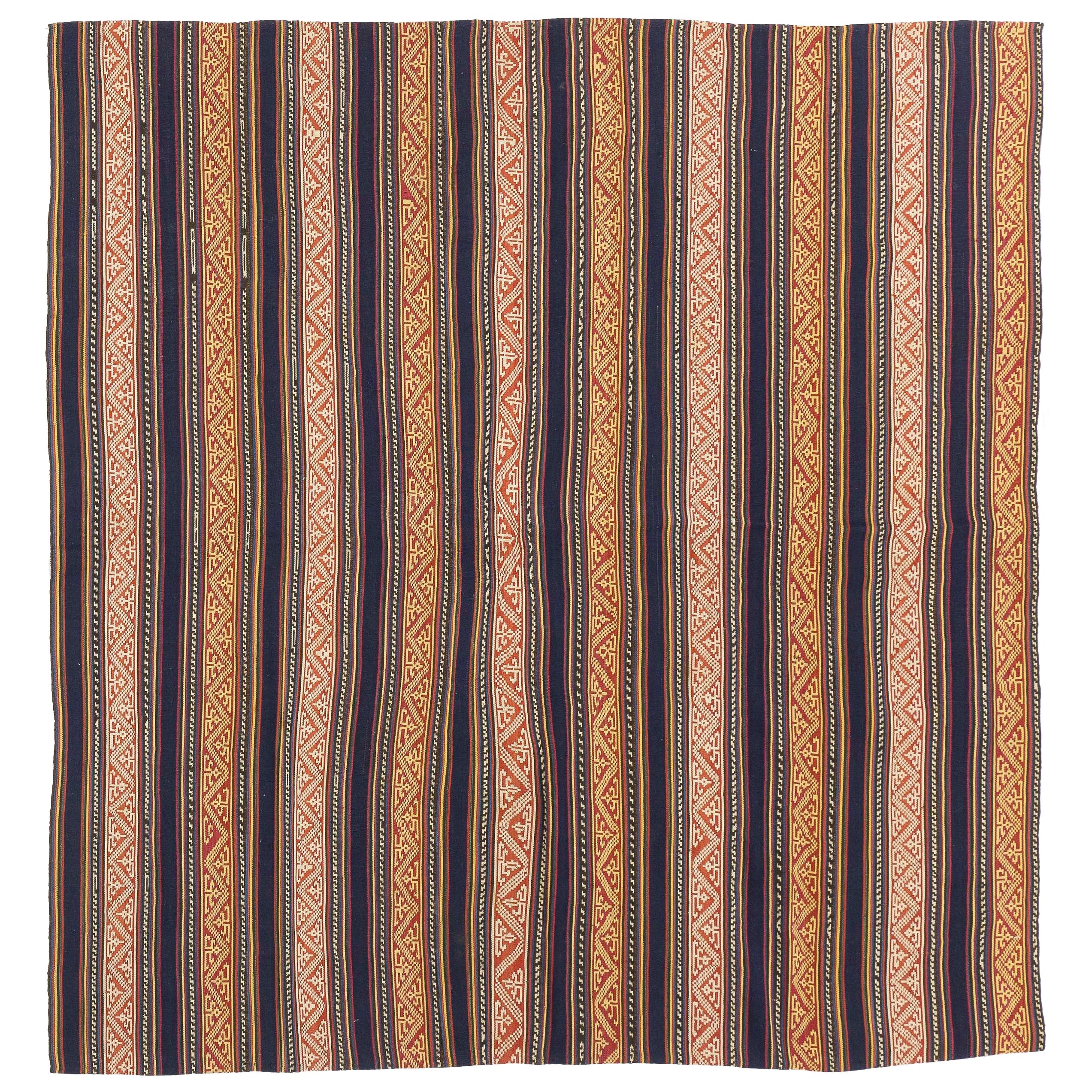 Antique Persian Flat-Weave Jajim Rug with Tribal Details and Colored Stripes