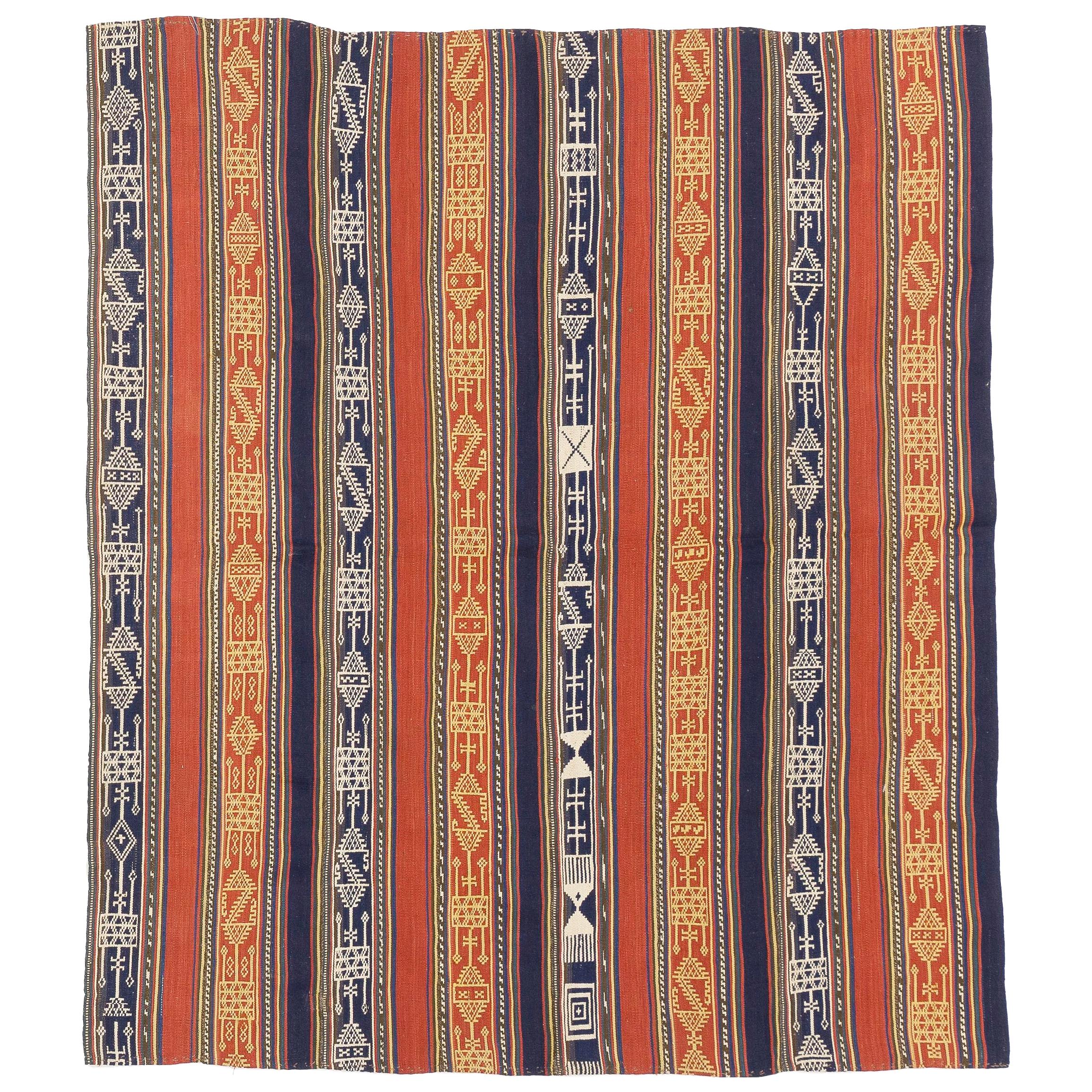 Antique Persian Flat-Weave Jajim Rug with Tribal Details and Colored Stripes For Sale