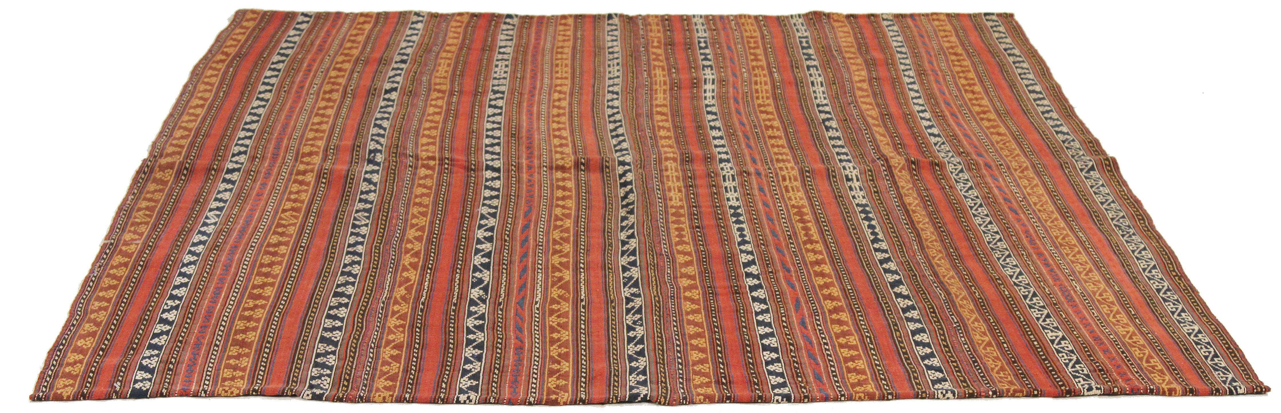 Antique Persian rug handwoven from the finest sheep’s wool and colored with all-natural vegetable dyes that are safe for humans and pets. It’s a traditional Jajim flat-weave design featuring stripes in various colors. It’s a stunning piece to get