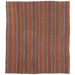 Used Persian Flat-Weave Jajim Rug with Tribal Details on Colored Stripes