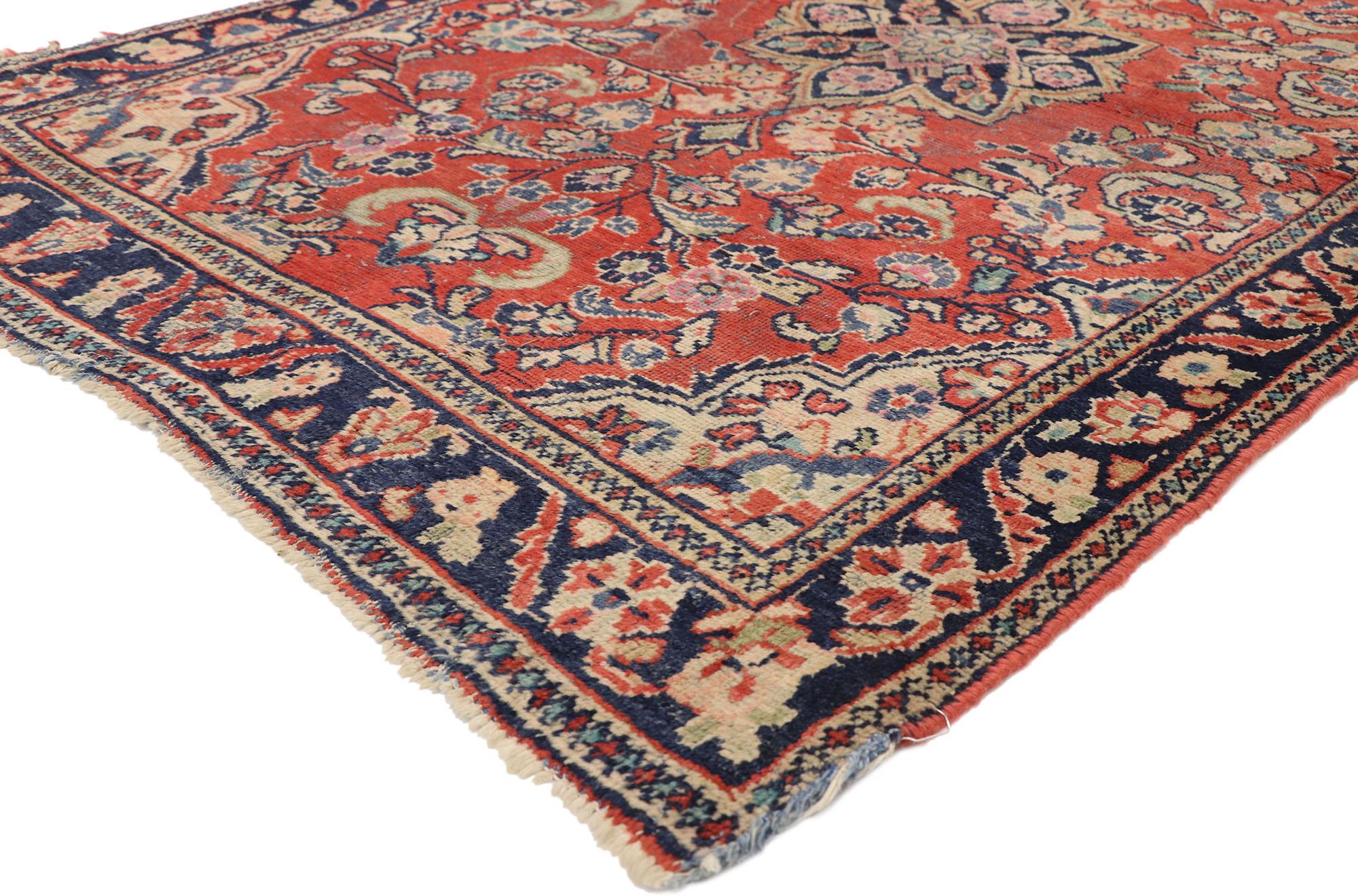 76866, antique Persian Floral Mahal rug with Traditional style. With timeless appeal, refined colors, and architectural design elements, this hand knotted wool antique Persian Mahal rug can beautifully blend modern, traditional, rustic, and