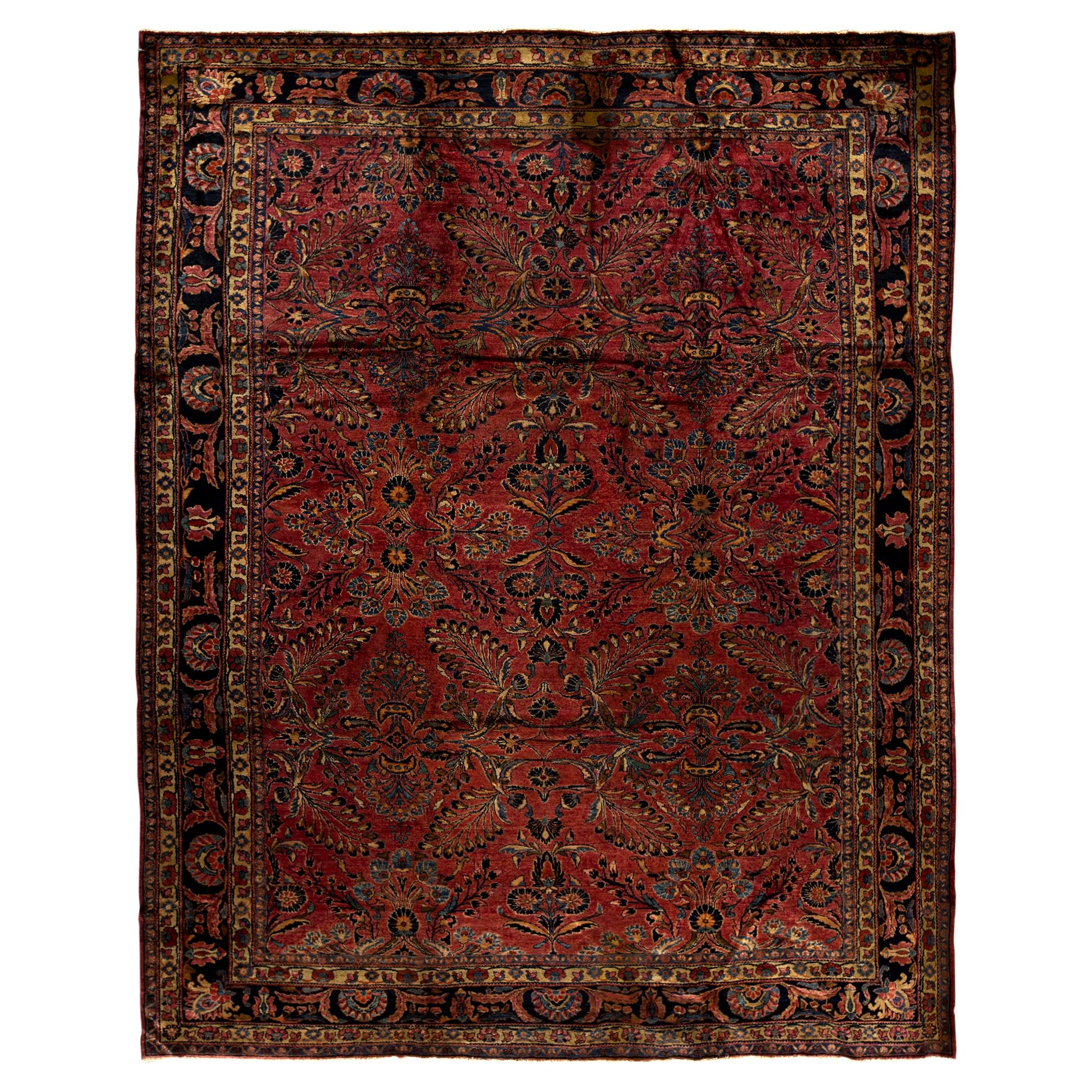  Antique Persian Fine Traditional Handwoven Luxury Wool Red / Navy Rug For Sale