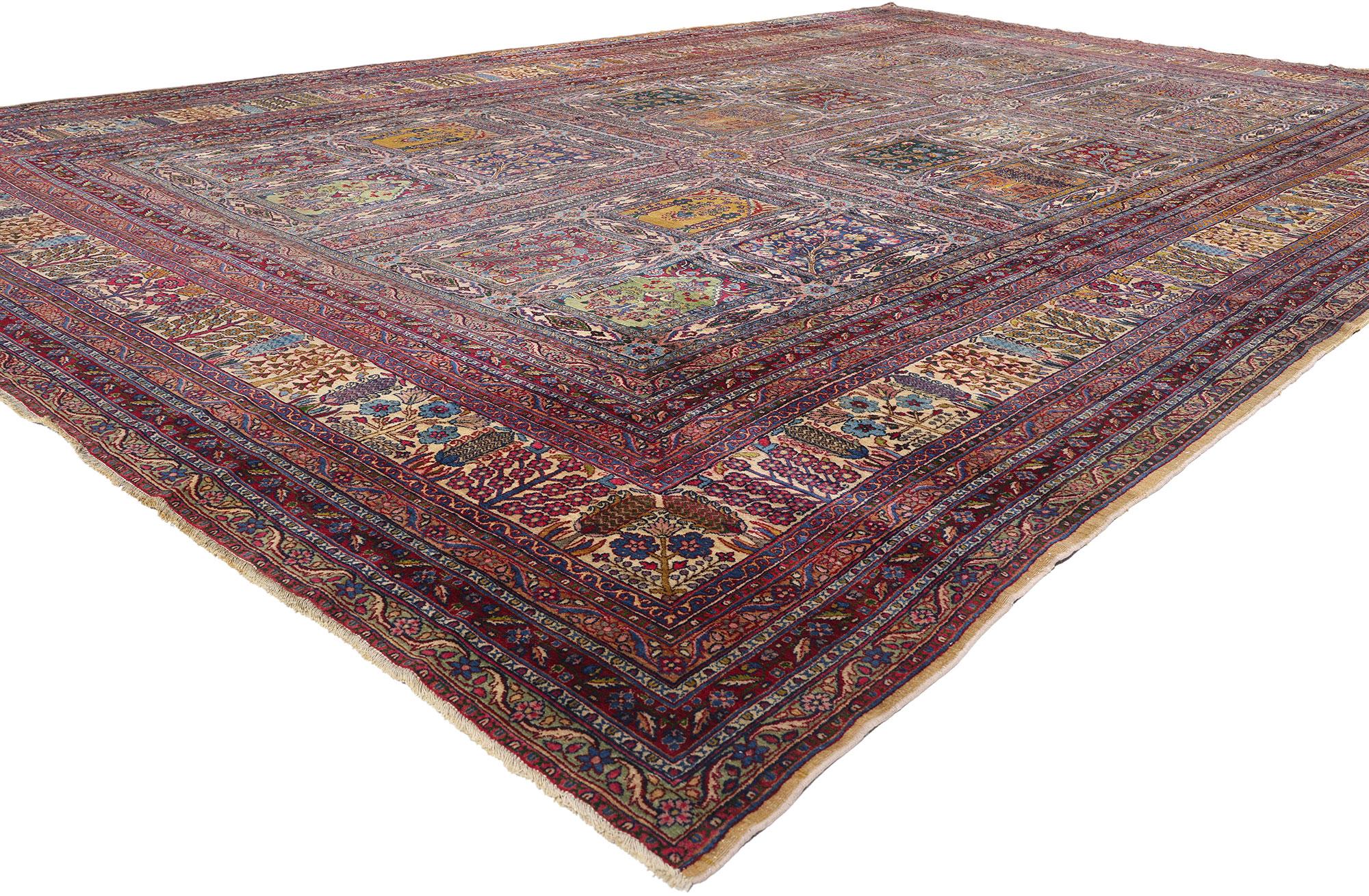 90012 Antique Persian Kerman Rug, 11'04 x 17'05. This hand-knotted wool antique Persian Kerman rug is a mesmerizing example of Persian artistry, capturing the essence of a meticulously crafted garden panel design. The rug features a sophisticated
