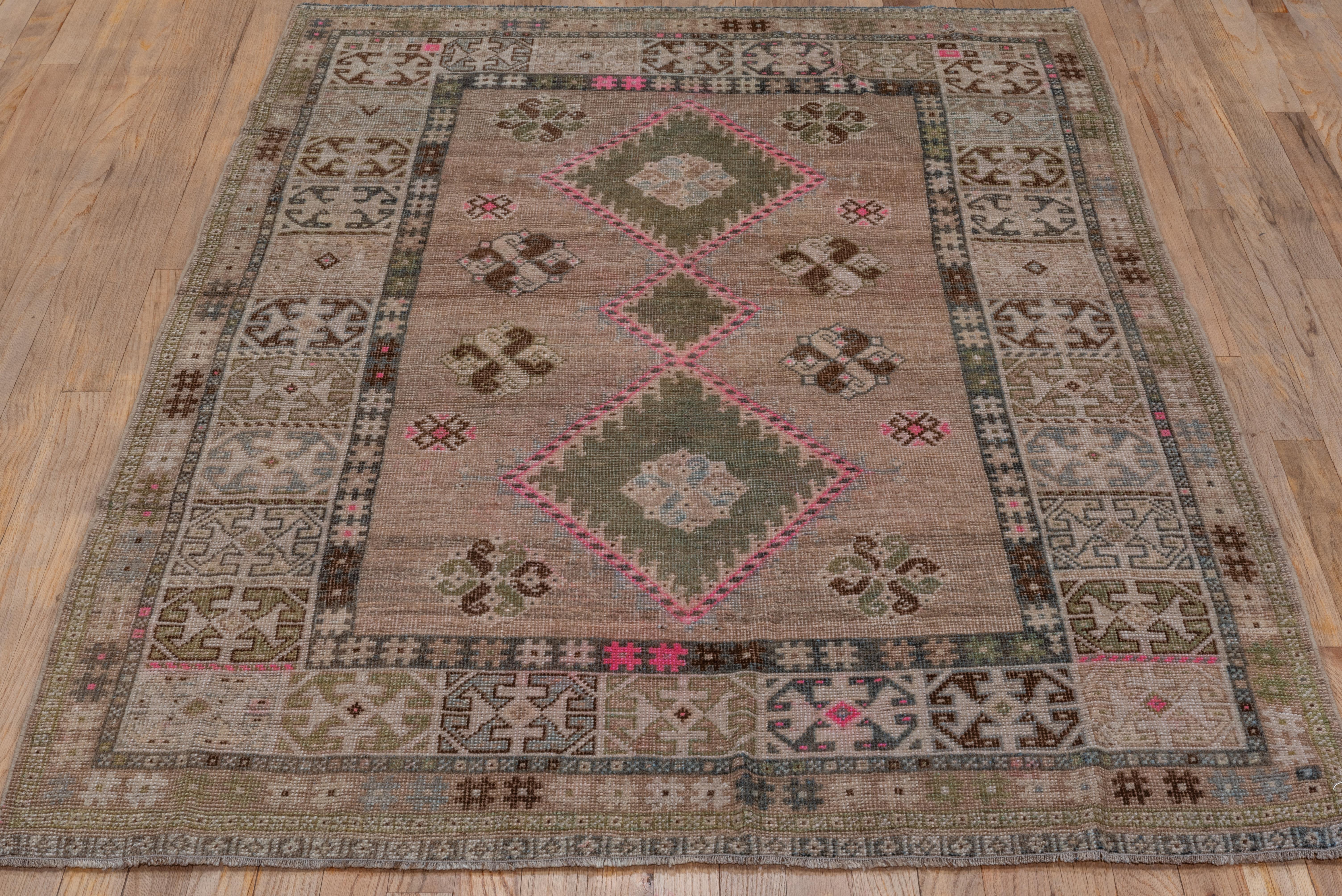 Antique Persian Gabbeh Rug, Light Brown Field, Pink & Green Accents, circa 1930s In Good Condition For Sale In New York, NY