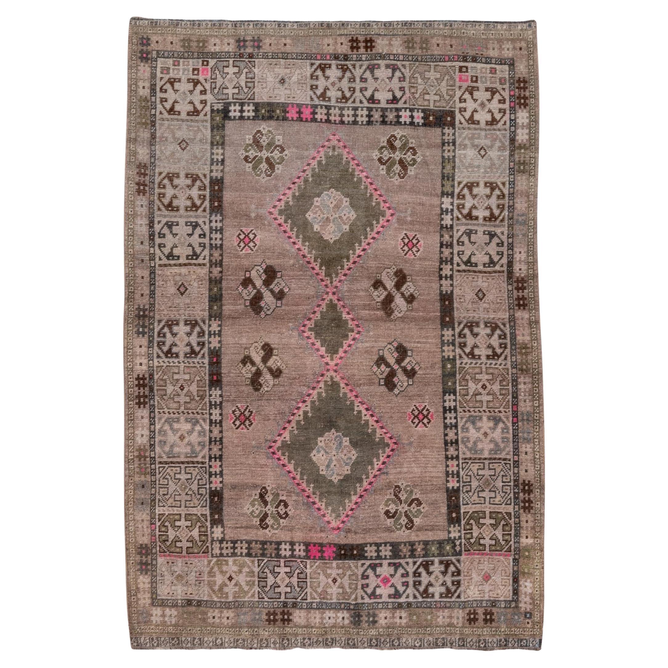 Antique Persian Gabbeh Rug, Light Brown Field, Pink & Green Accents, circa 1930s For Sale