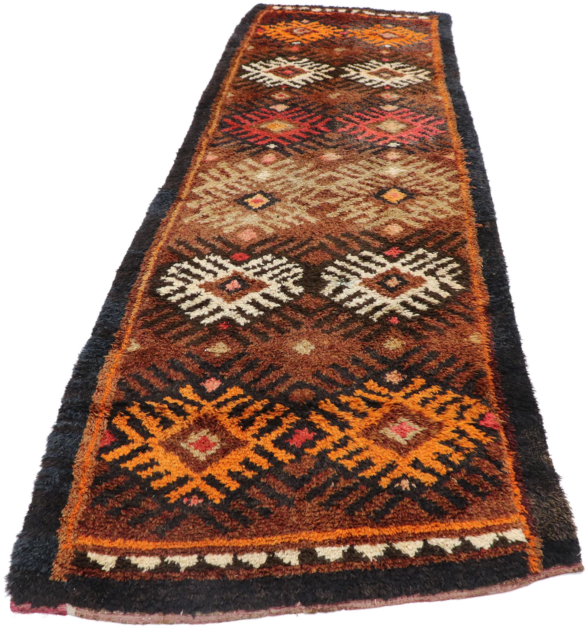 Hand-Knotted Antique Persian Gabbeh Runner with Mid-Century Modern Tribal Style For Sale