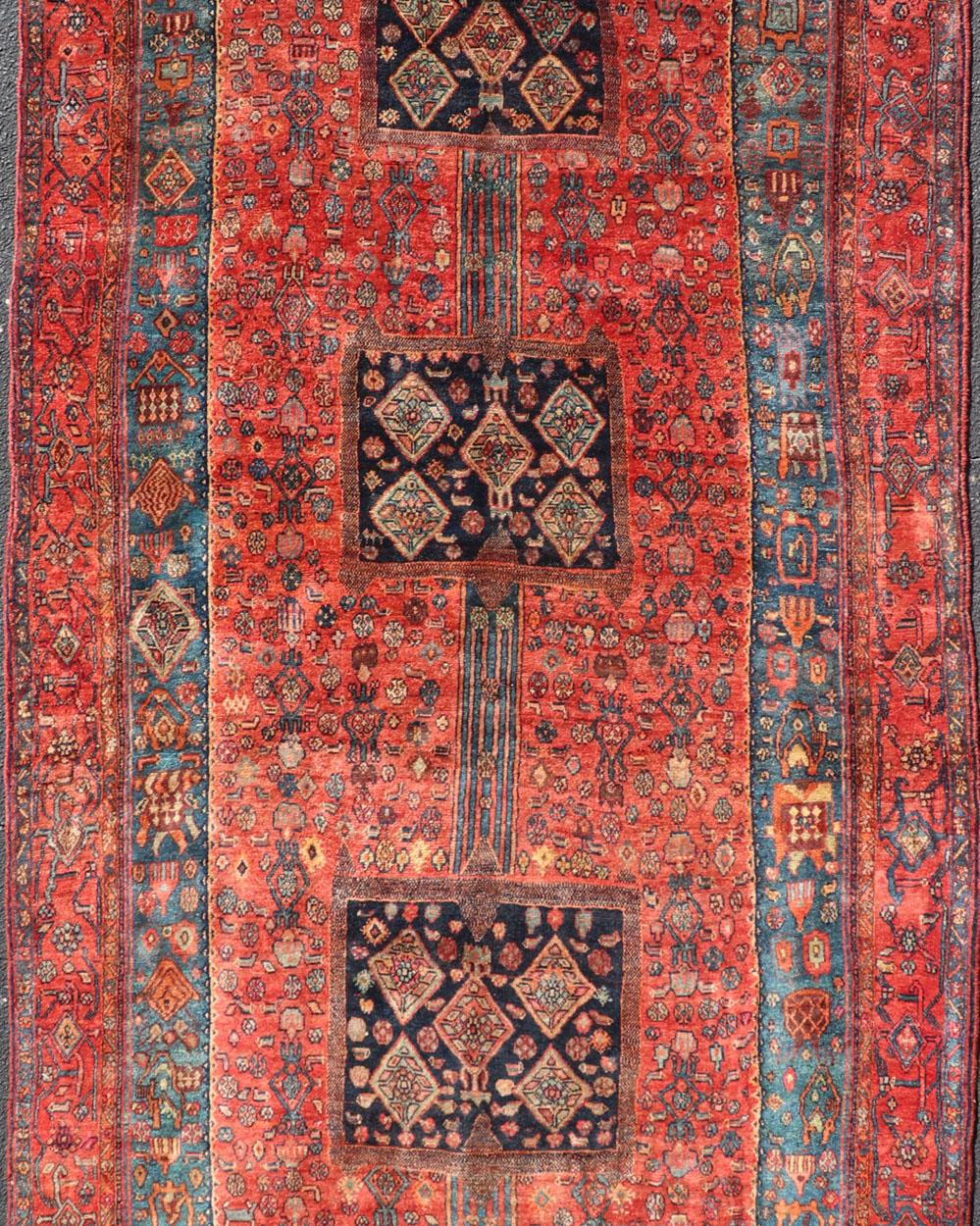 Islamic Antique Persian Gallery Bidjar Rug with Tribal Medallions and Geometric Motifs For Sale