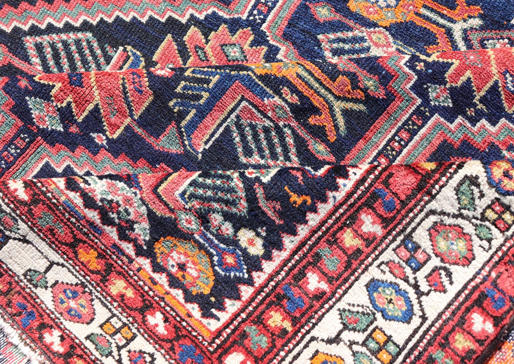 Antique Persian Gallery Hamadan Runner in Blue Background, Multi Colors For Sale 3