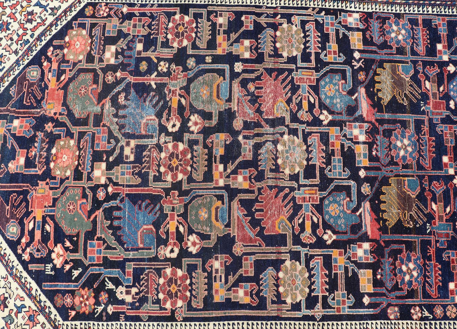 Antiker persischer Hamadan-Läufer mit blauem Hintergrund, mehrfarbig, Persische Galerie im Angebot 7