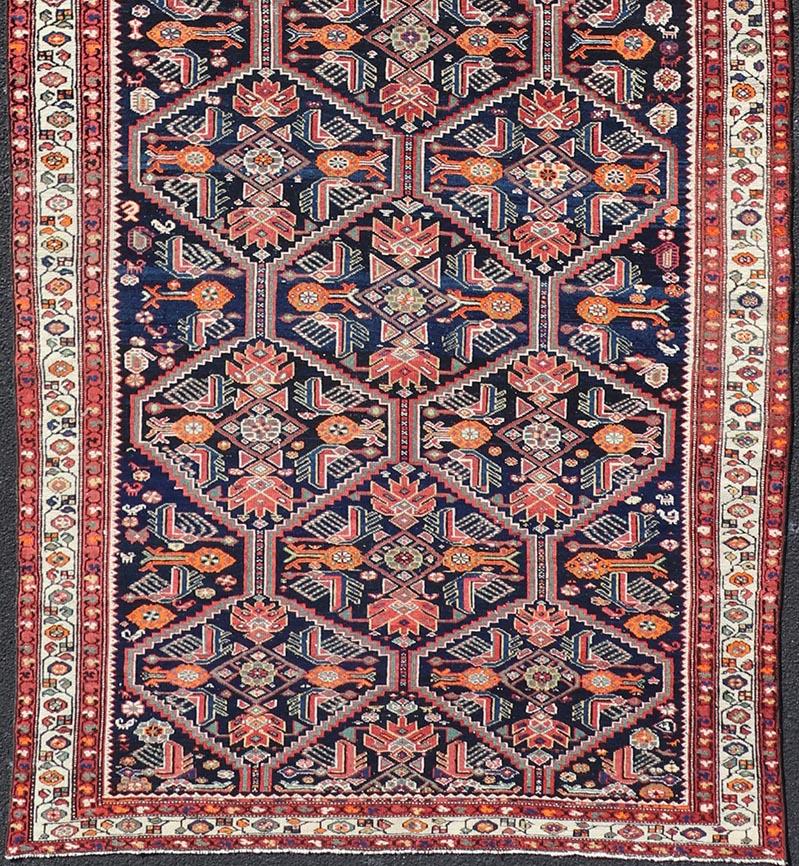 A unique design, antique Persian Hamadan gallery runner with all-over geometric motifs, Keivan Woven Arts / rug EMB-9686-P13875, country of origin / type: Iran / Hamadan, circa 1920

Measures: 5'1 x 14'10.