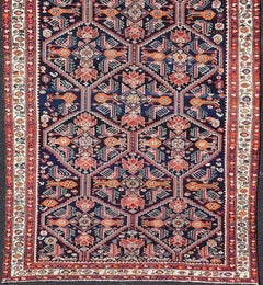 Antique Persian Gallery Hamadan Runner in Blue Background, Multi Colors