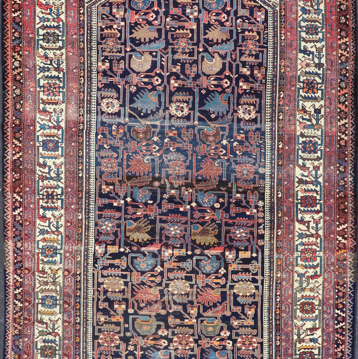 Malayer Antique Persian Gallery Hamadan Runner in Blue Background, Multi Colors For Sale