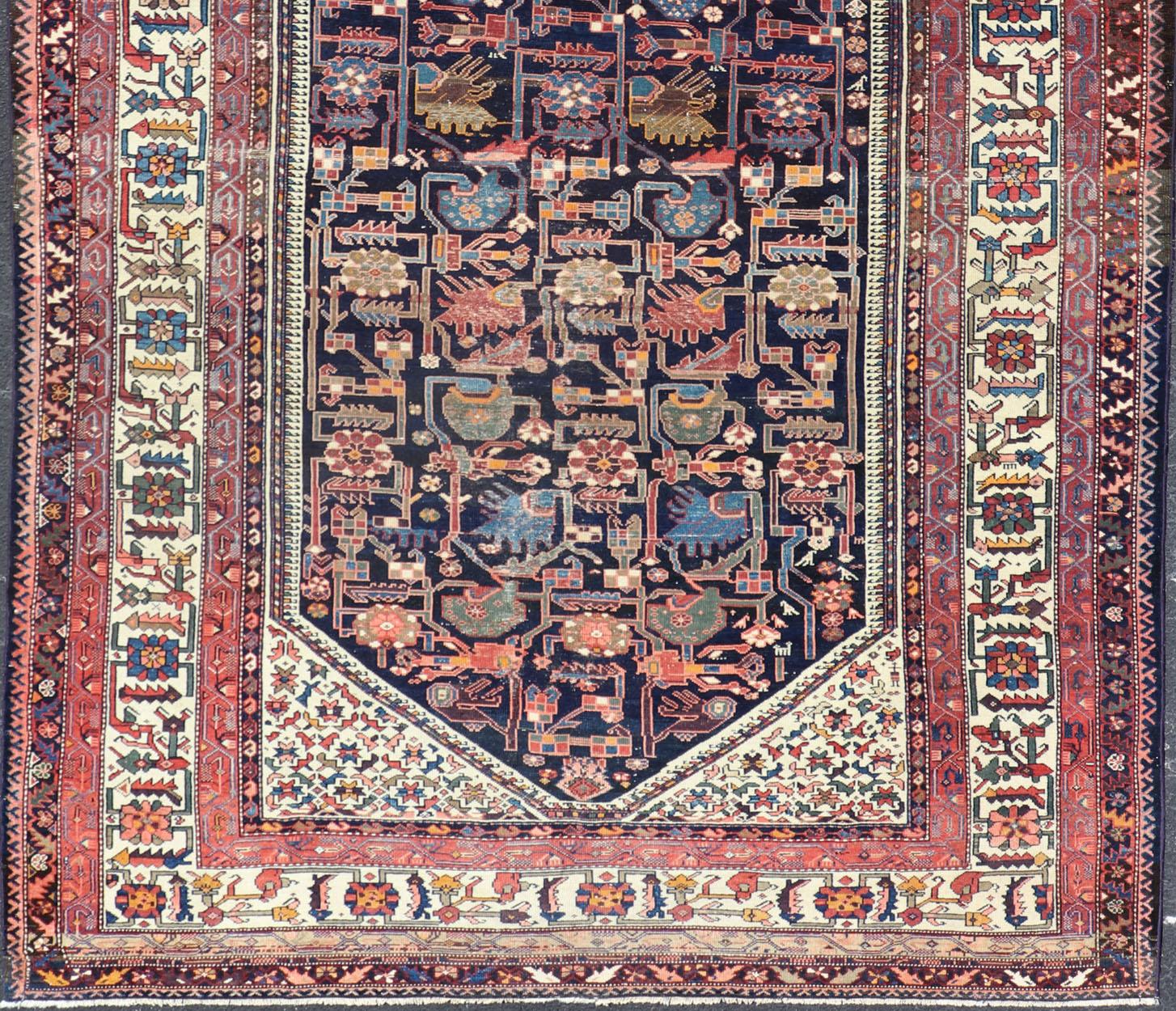 Hand-Knotted Antique Persian Gallery Hamadan Runner in Blue Background, Multi Colors For Sale