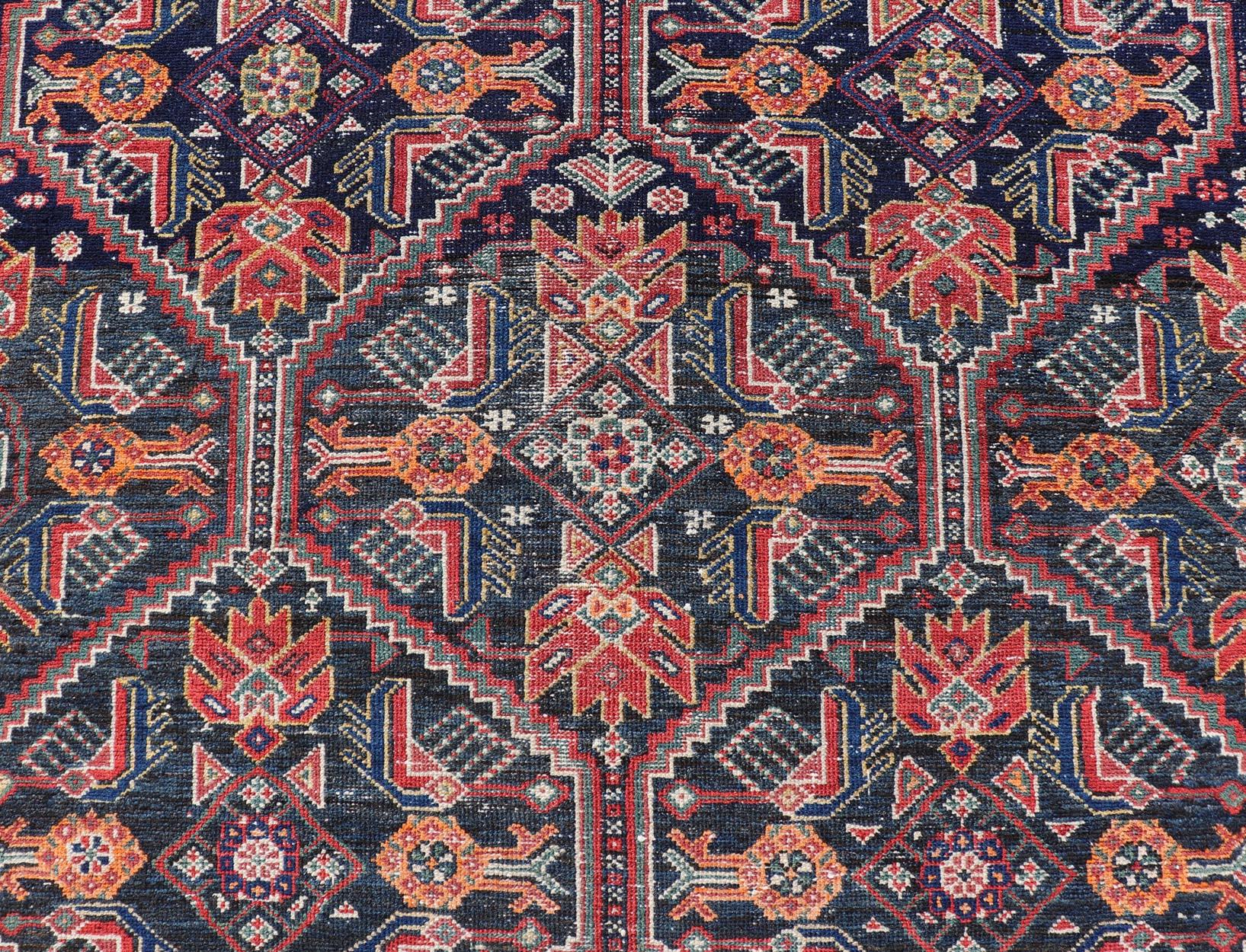20th Century Antique Persian Gallery Hamadan Runner in Blue Background, Multi Colors For Sale
