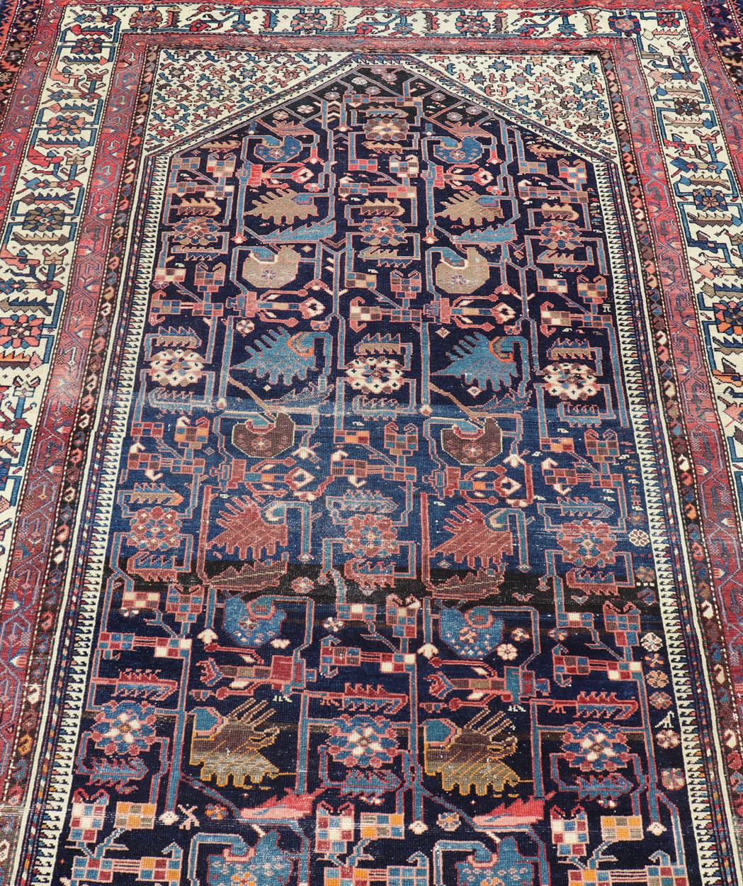 Wool Antique Persian Gallery Hamadan Runner in Blue Background, Multi Colors For Sale