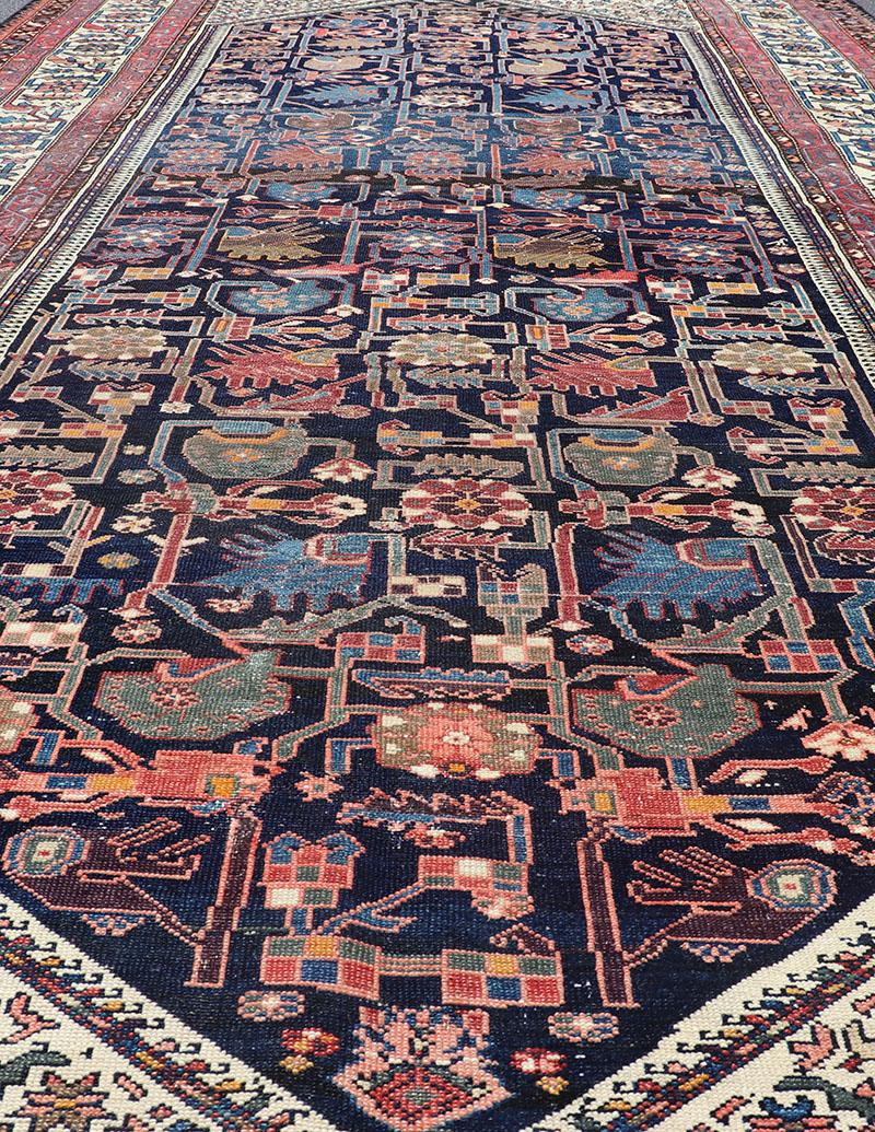 Antique Persian Gallery Hamadan Runner in Blue Background, Multi Colors For Sale 1