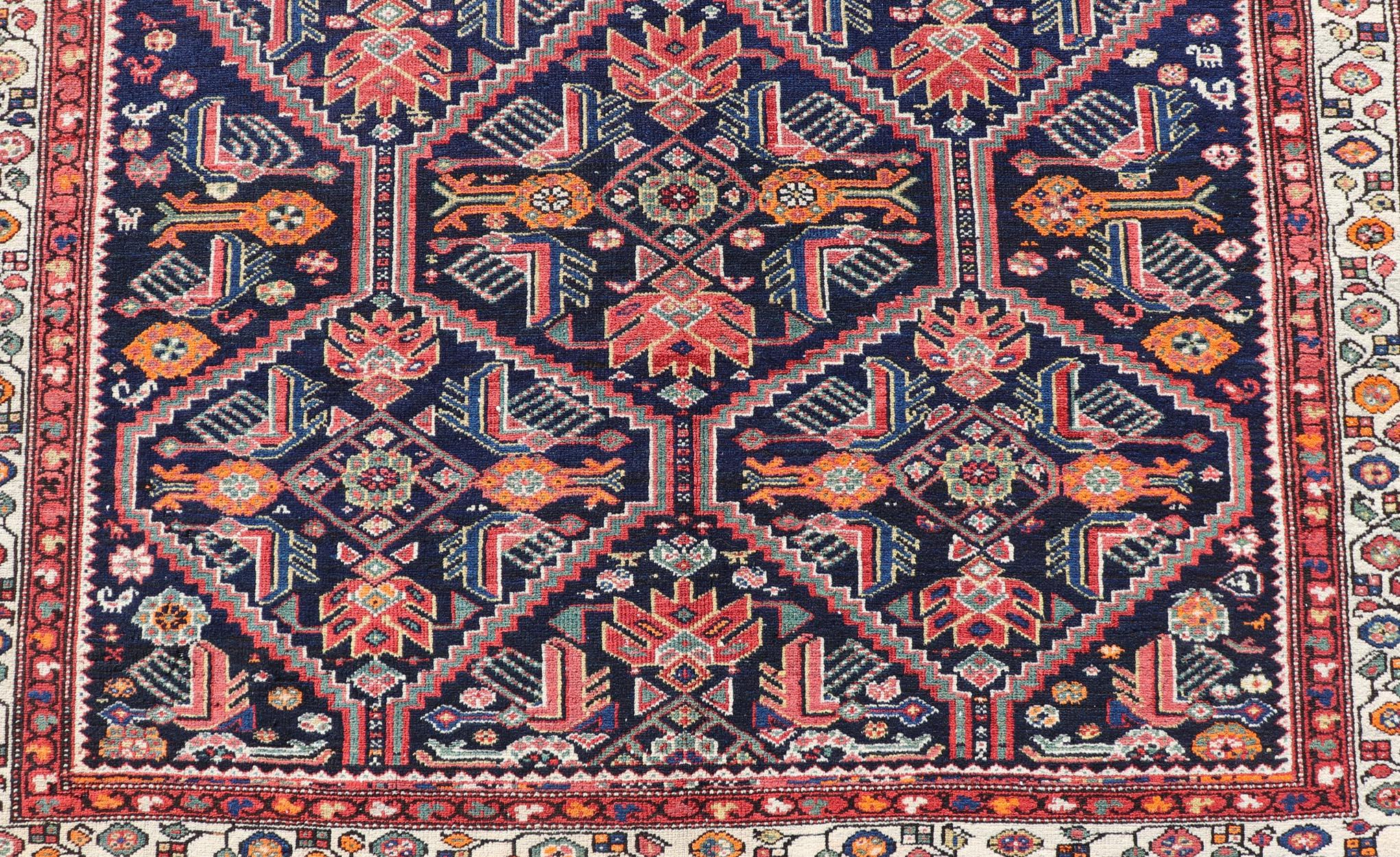 Antique Persian Gallery Hamadan Runner in Blue Background, Multi Colors For Sale 1