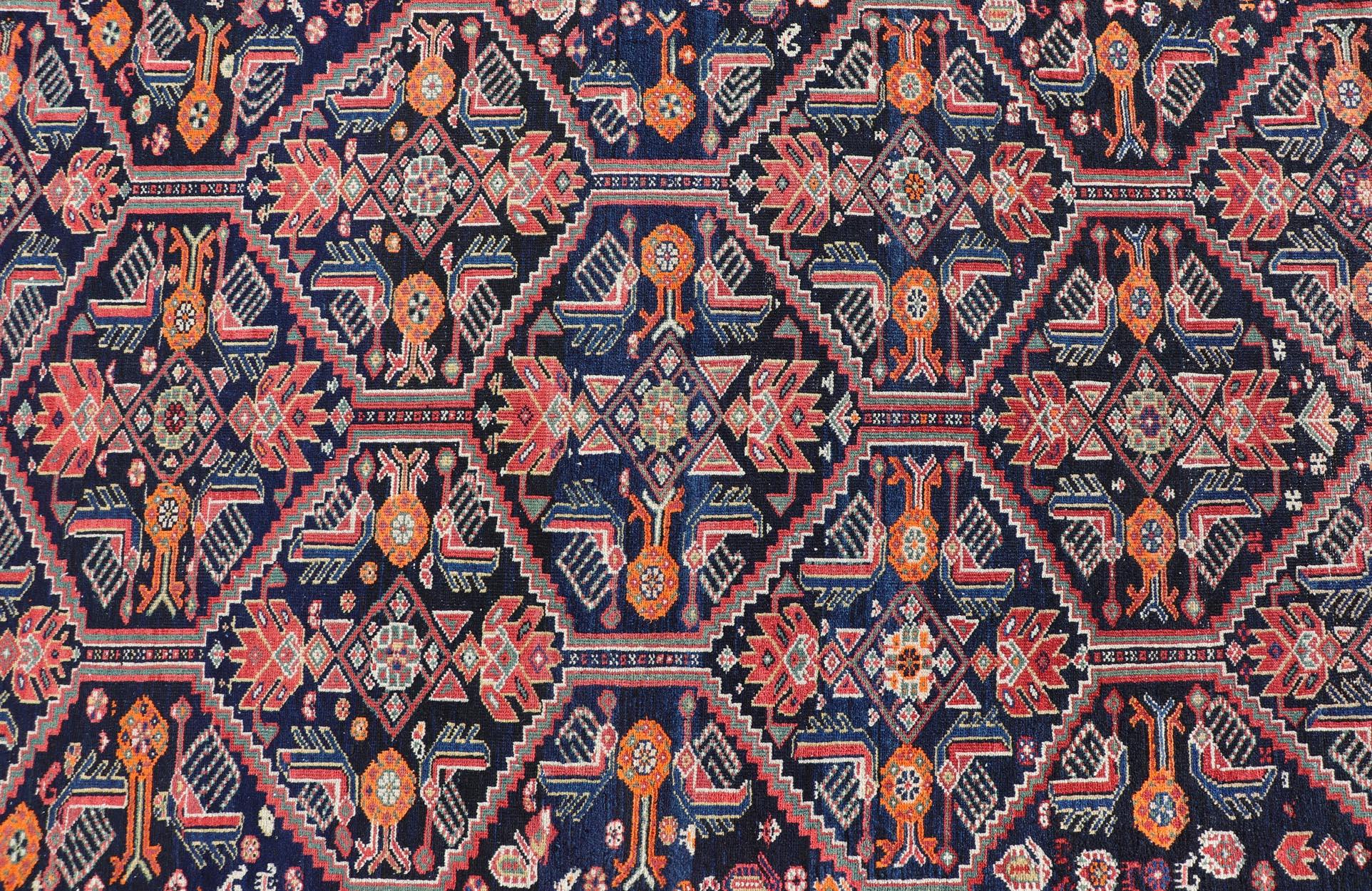 Antique Persian Gallery Hamadan Runner in Blue Background, Multi Colors For Sale 2