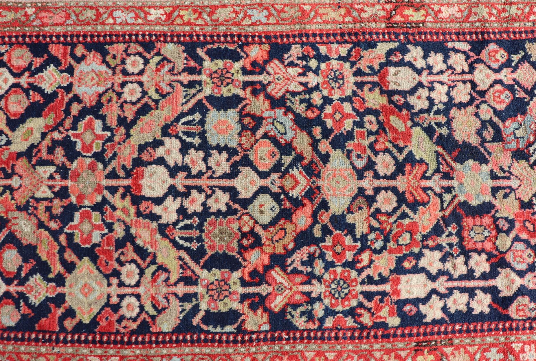Antique Persian Gallery Hamadan Runner in Blue Background with Multi Colors For Sale 3