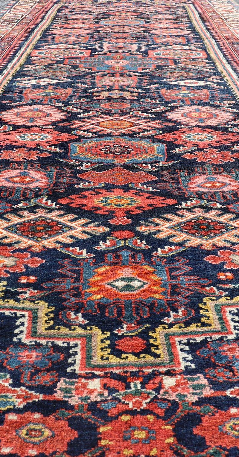 Antique Persian Gallery Hamadan Runner in Blue Background with Multi Colors For Sale 4