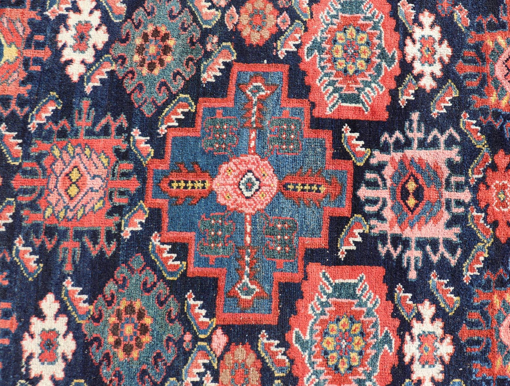 Antique Persian Gallery Hamadan Runner in Blue Background with Multi Colors For Sale 5