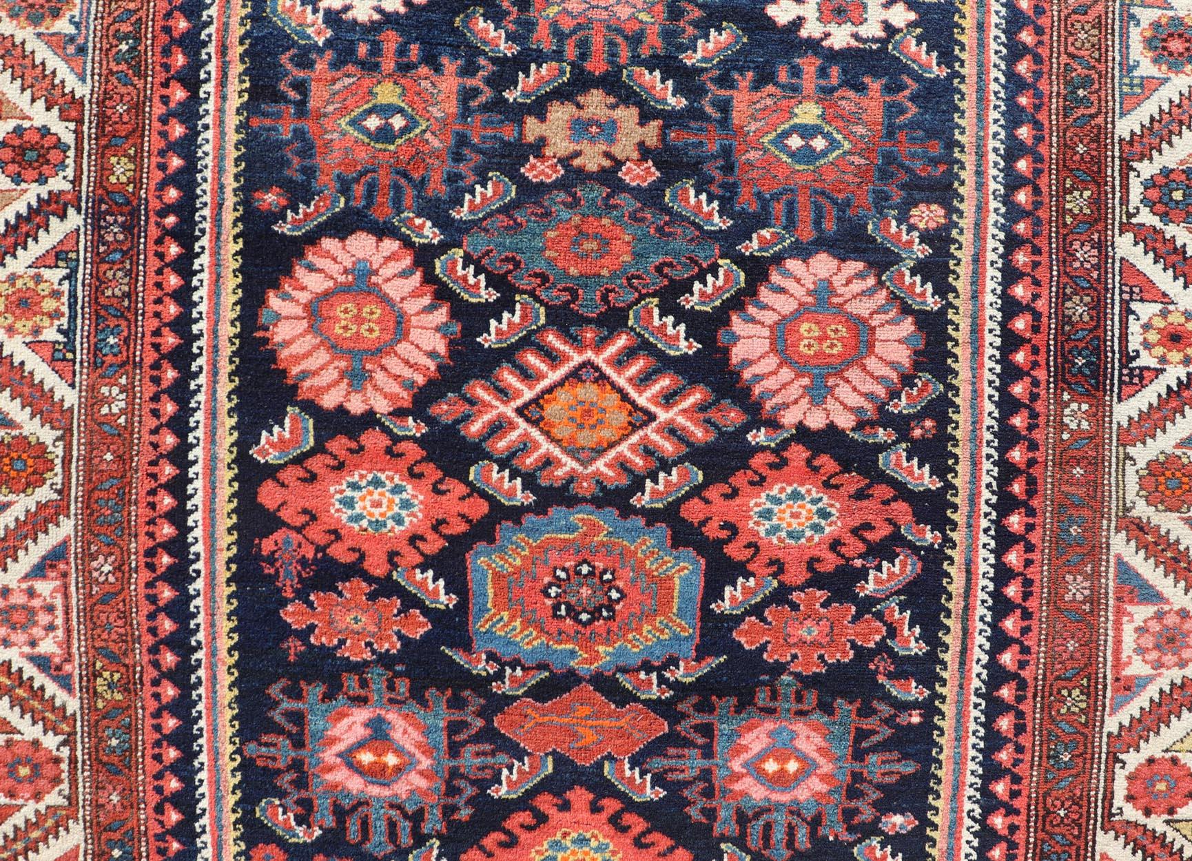 Antique Persian Gallery Hamadan Runner in Blue Background with Multi Colors For Sale 7