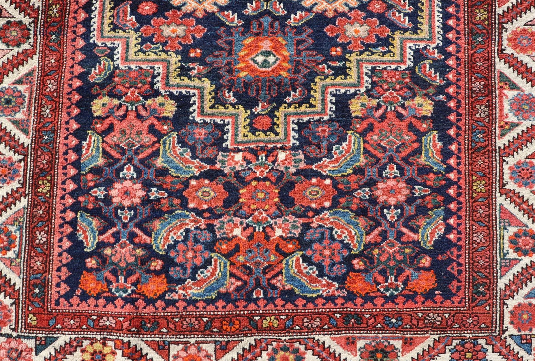 Antique Persian Gallery Hamadan Runner in Blue Background with Multi Colors For Sale 8