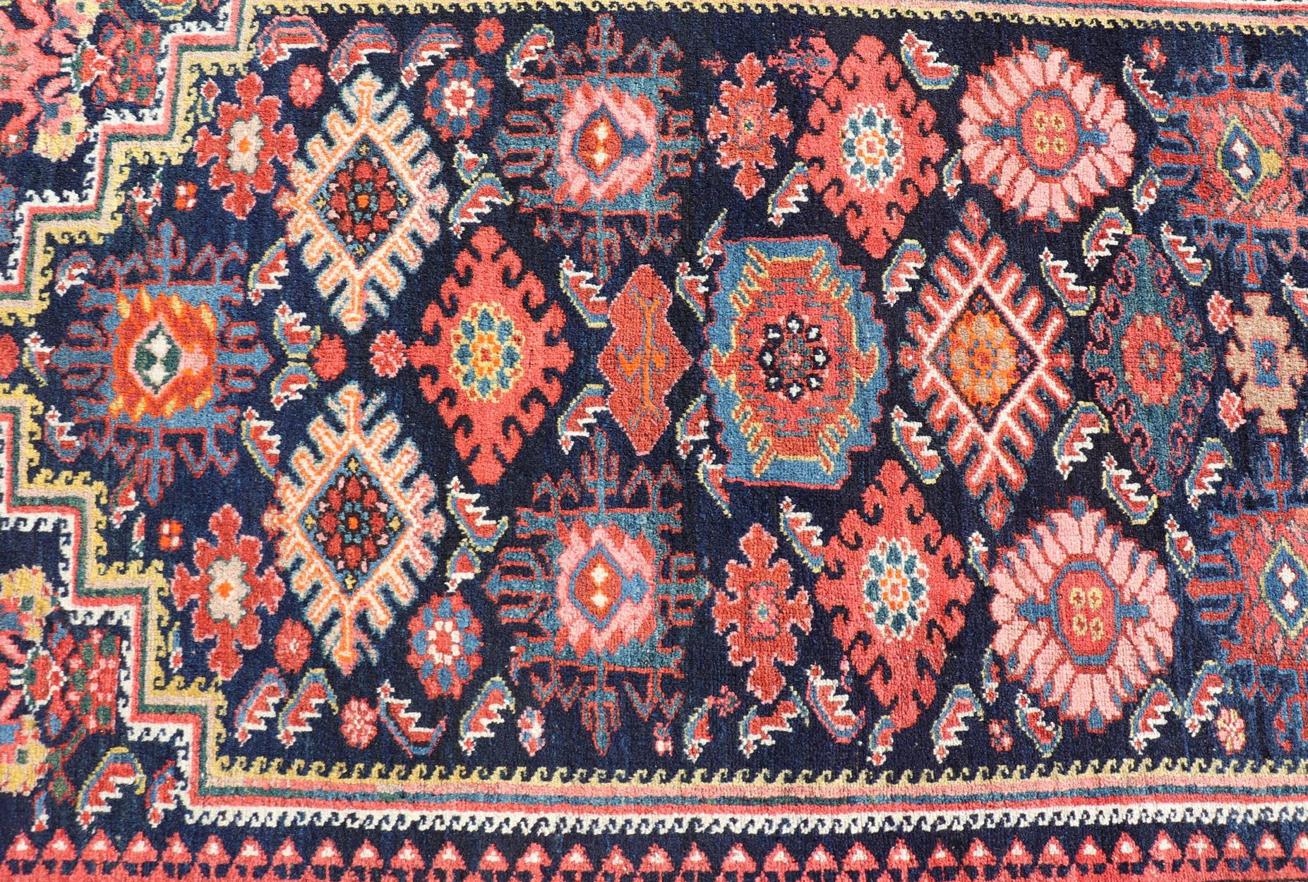 Antique Persian Gallery Hamadan Runner in Blue Background with Multi Colors For Sale 9