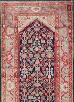 Antique Persian Gallery Hamadan Runner in Blue Background with Multi Colors