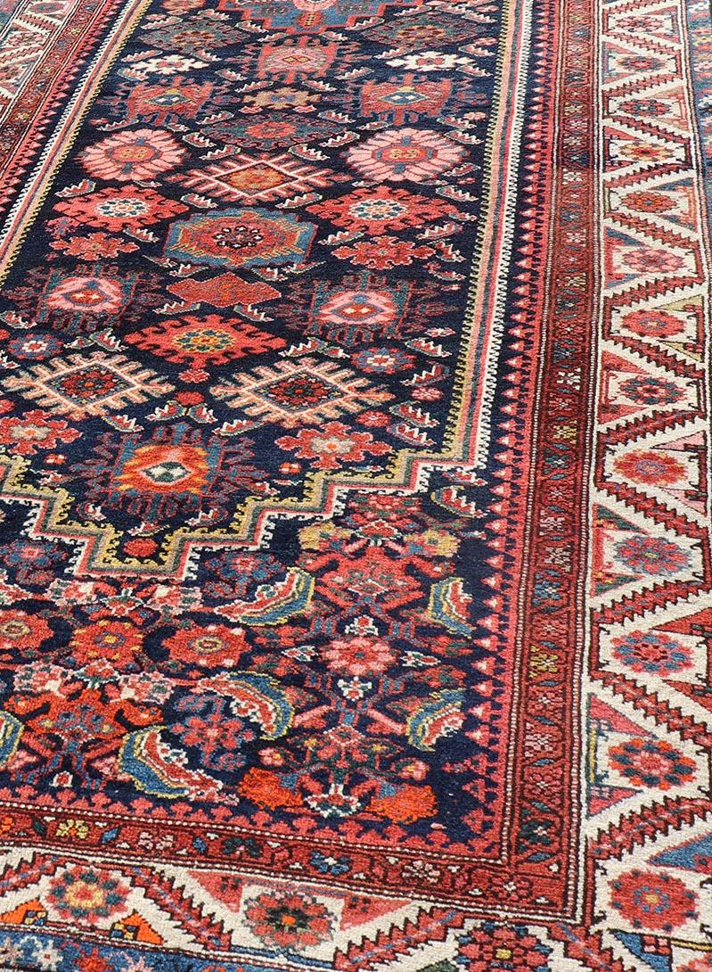 Malayer Antique Persian Gallery Hamadan Runner in Blue Background with Multi Colors For Sale