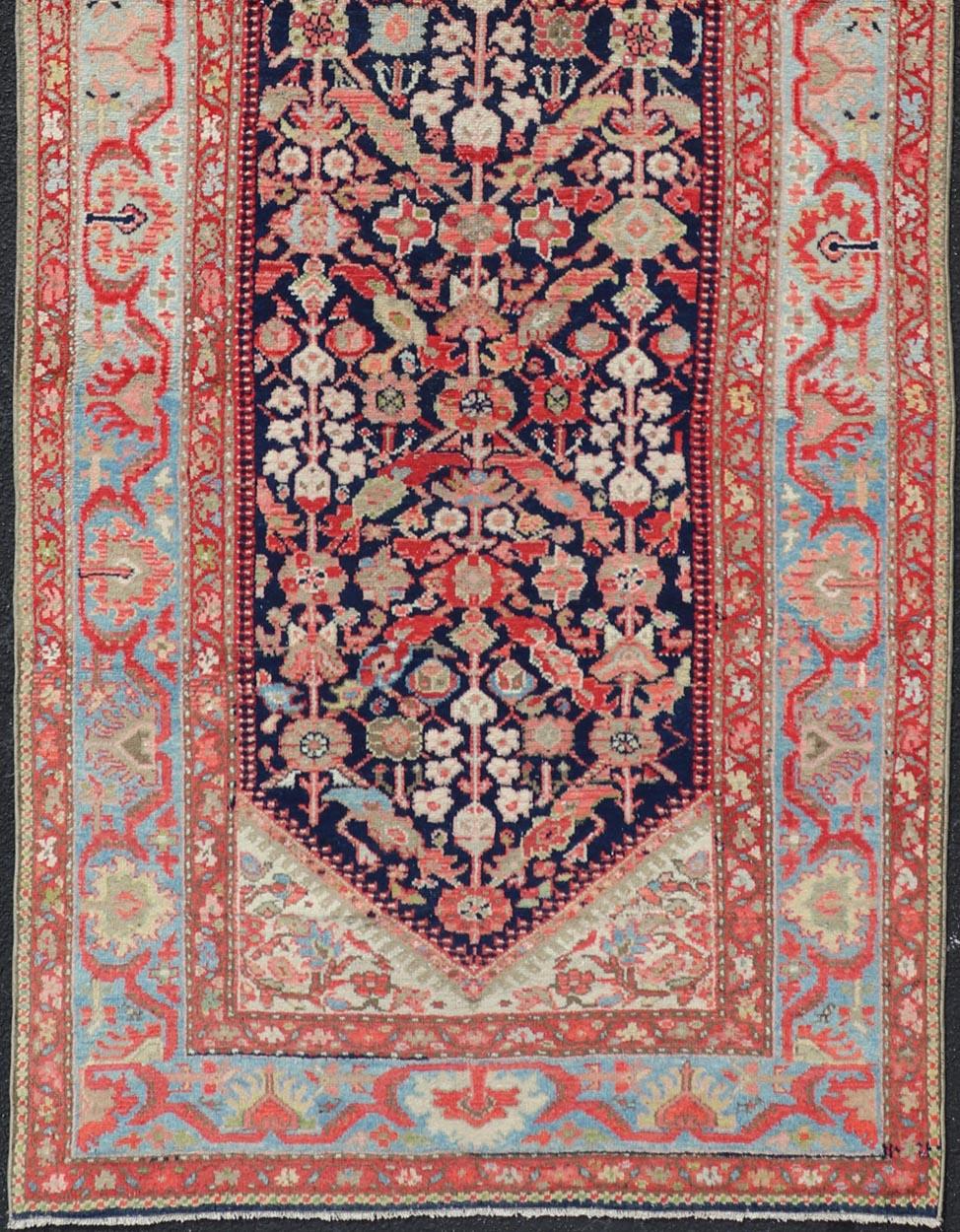 Hand-Knotted Antique Persian Gallery Hamadan Runner in Blue Background with Multi Colors For Sale