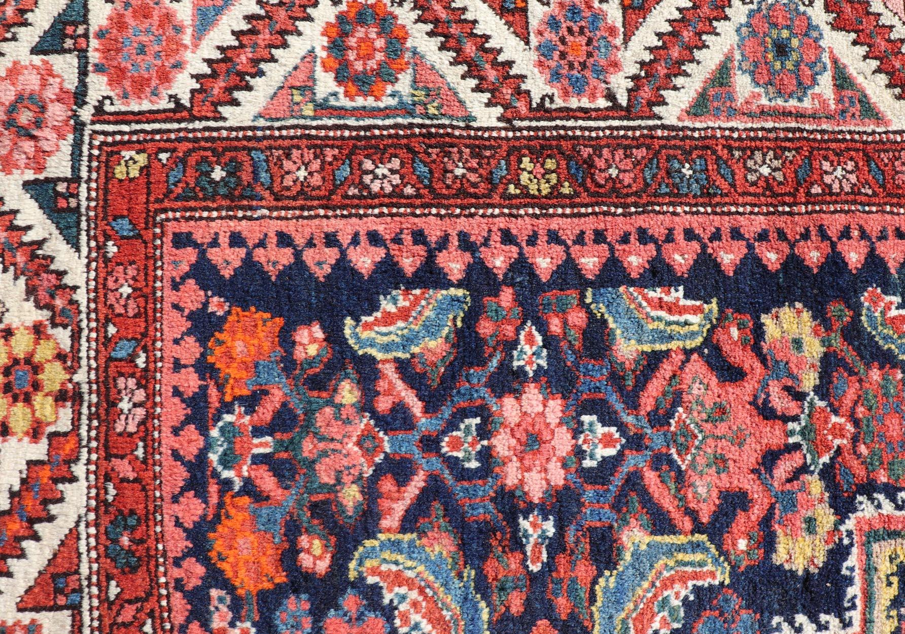 Hand-Knotted Antique Persian Gallery Hamadan Runner in Blue Background with Multi Colors For Sale