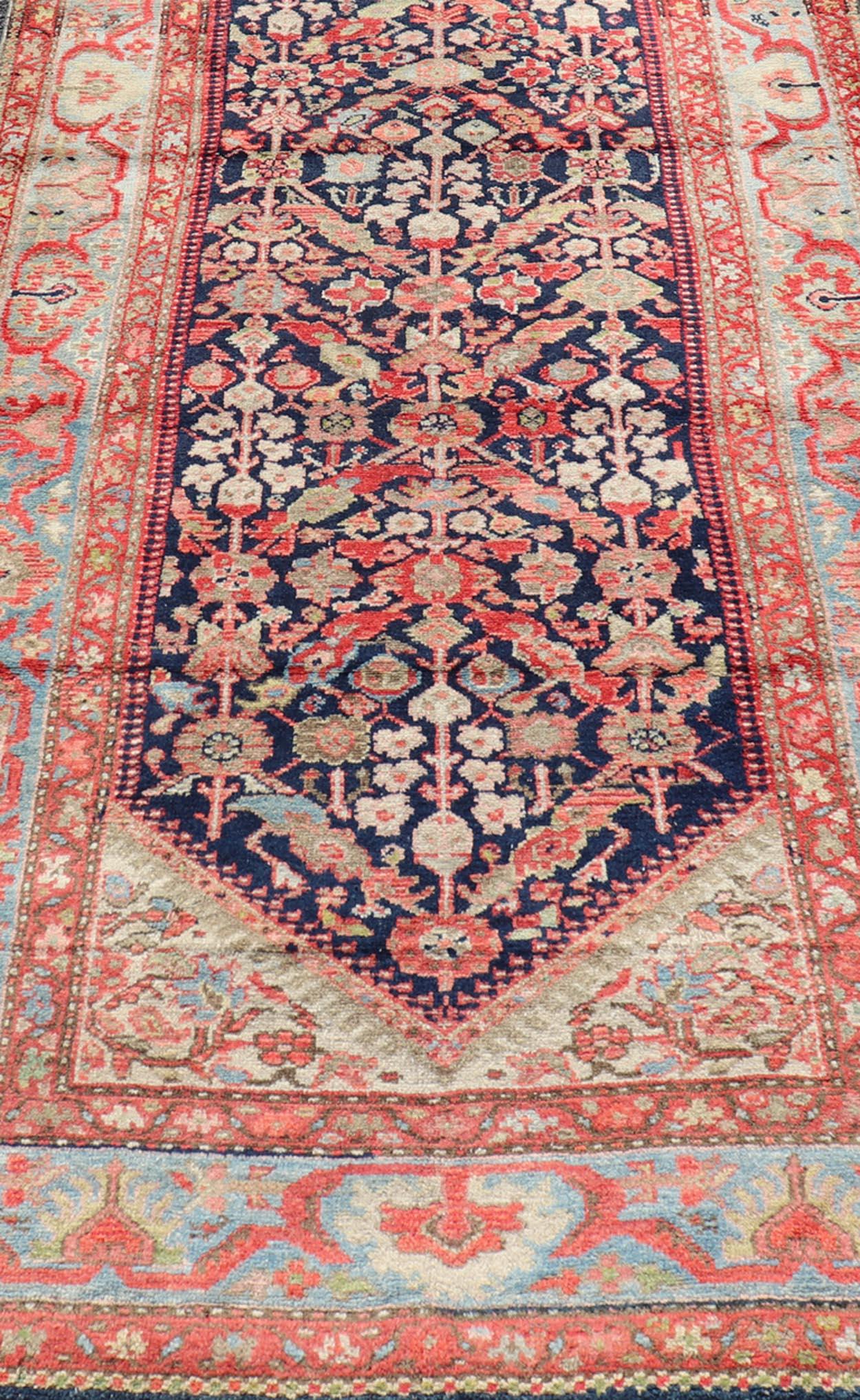 Antique Persian Gallery Hamadan Runner in Blue Background with Multi Colors In Good Condition For Sale In Atlanta, GA