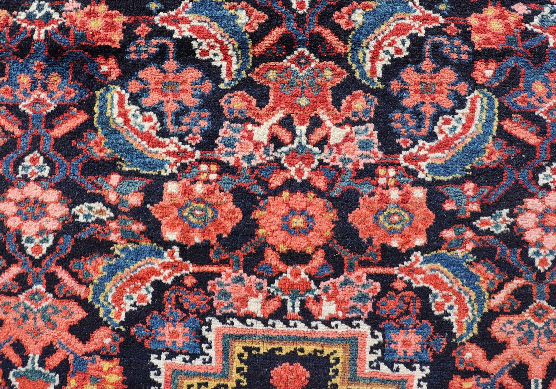 Antique Persian Gallery Hamadan Runner in Blue Background with Multi Colors In Good Condition For Sale In Atlanta, GA
